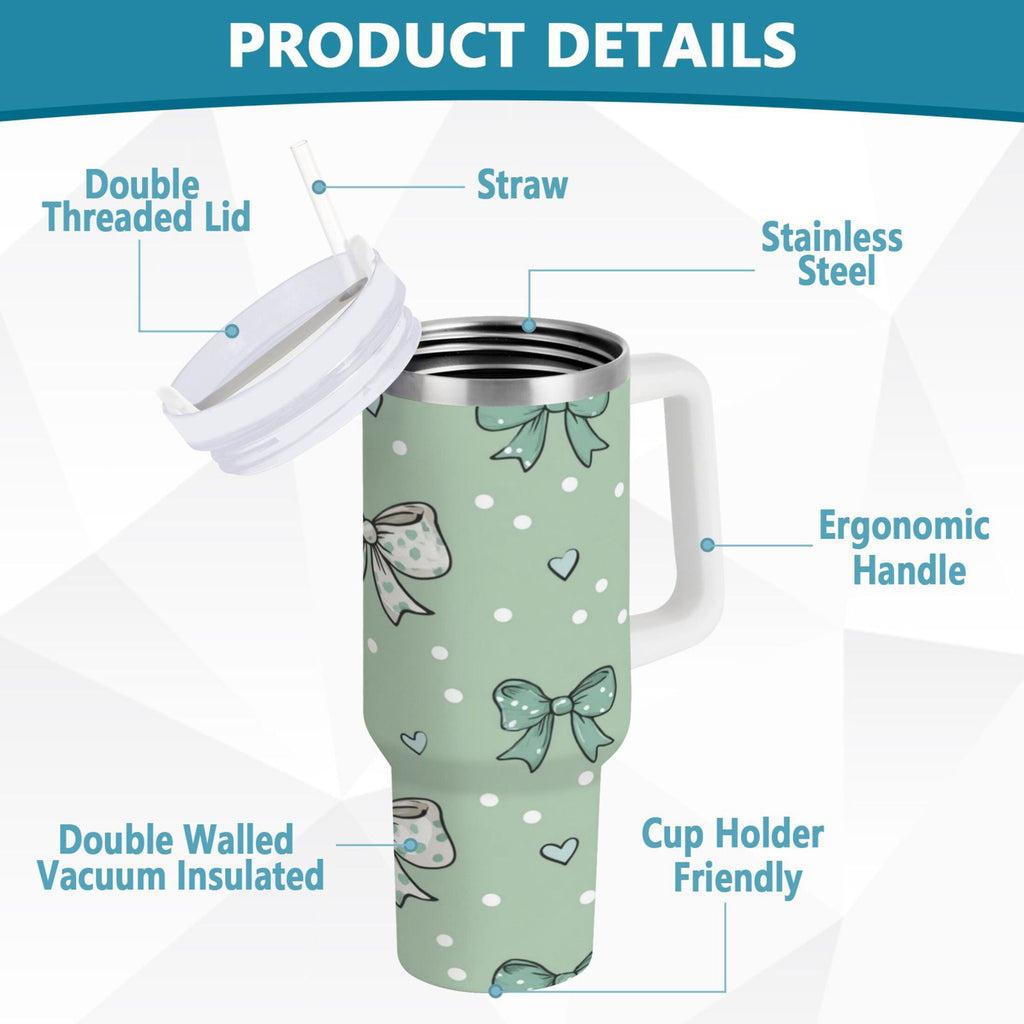 30 oz Insulated Stainless Steel Tumbler Double Wall Stainless Steel Tumbler with 2-Way Drinking Green and Mint Bows - 8TP6