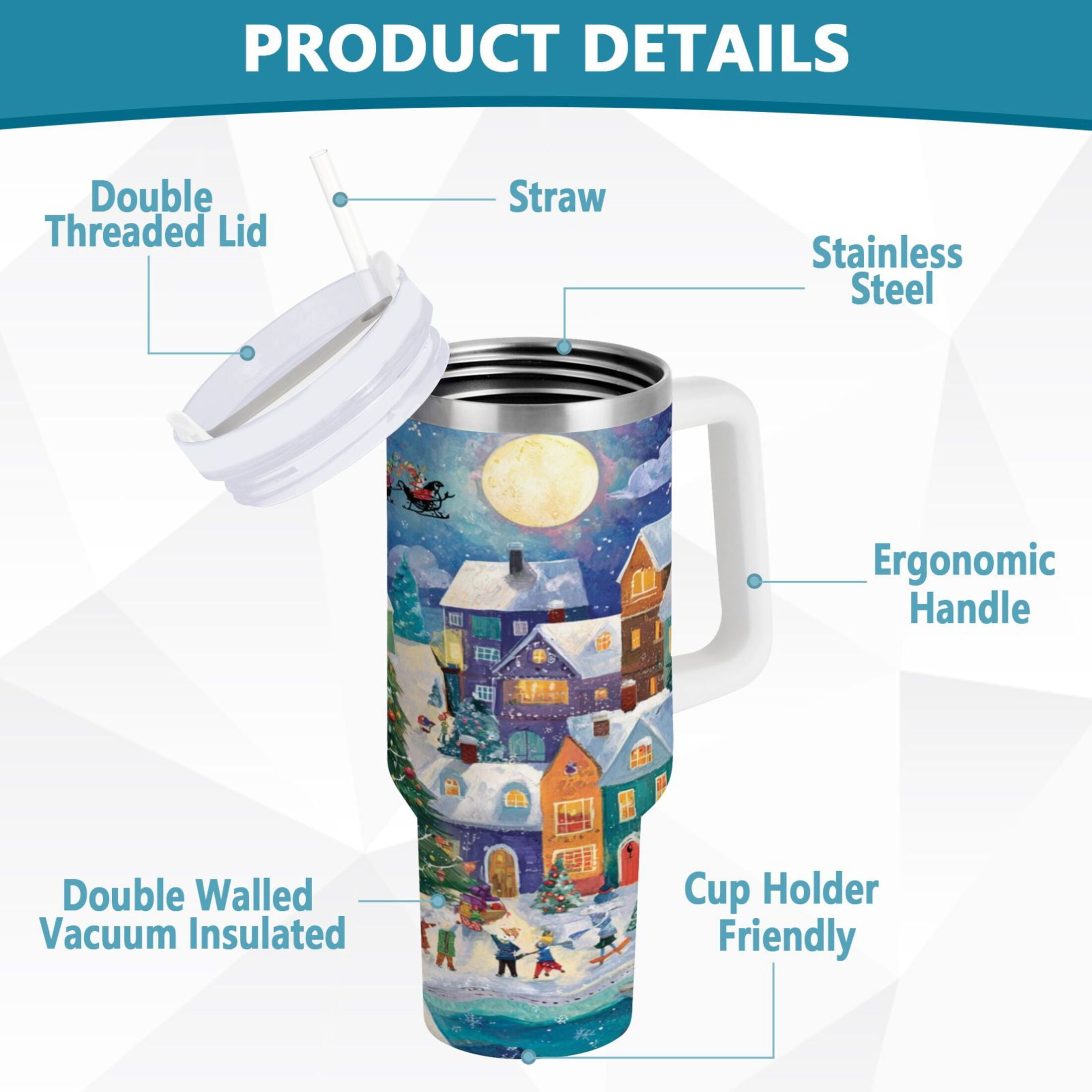30 oz Insulated Stainless Steel Tumbler Double Wall Stainless Steel Tumbler with 2-Way Drinking Charming Christmas Scene - TZRD