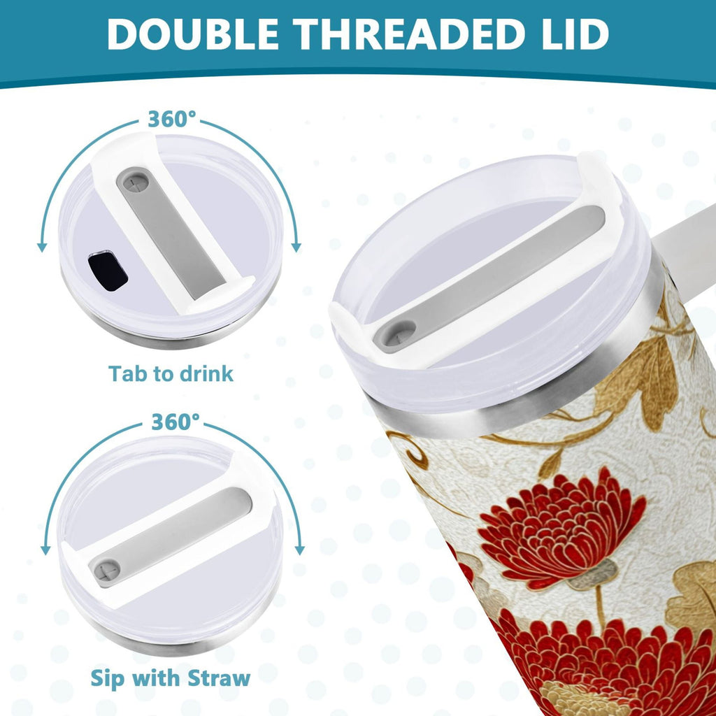 30 oz Insulated Stainless Steel Tumbler Double Wall Stainless Steel Tumbler with 2-Way Drinking Red Chrysanthemum Pattern - APW8