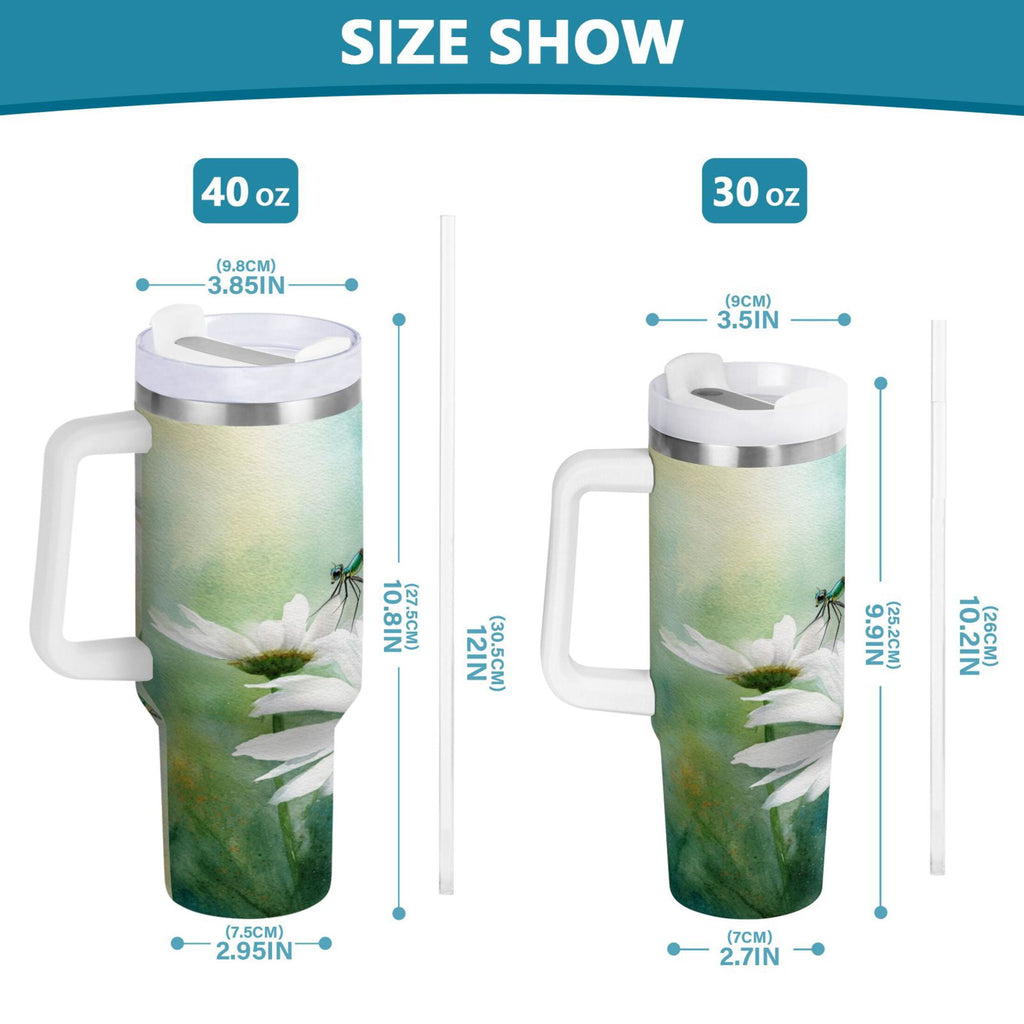30 oz Insulated Stainless Steel Tumbler Double Wall Stainless Steel Tumbler with 2-Way Drinking Beautiful Dragonflies and Daisies - H496