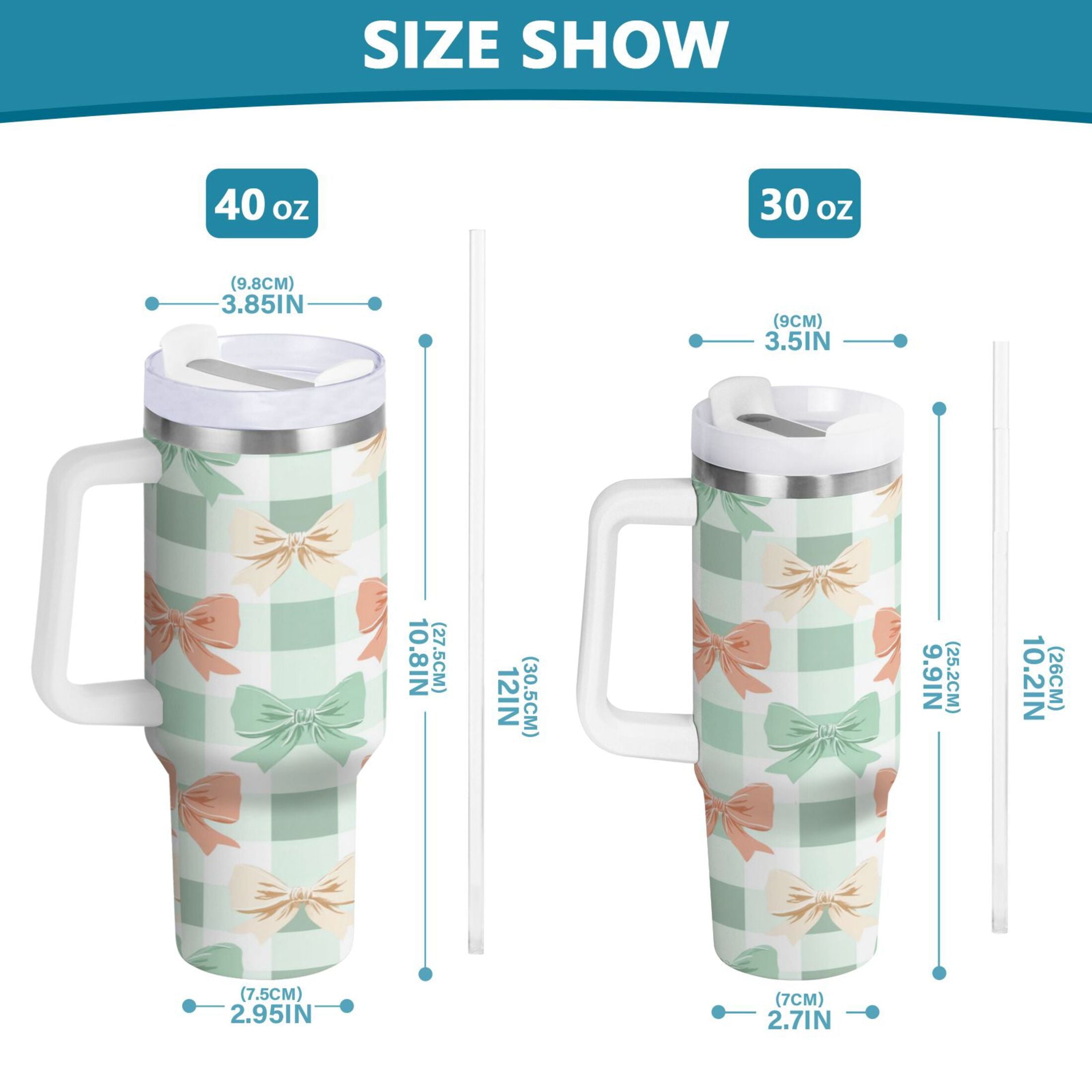 40 oz Insulated Stainless Steel Tumbler Double Wall Stainless Steel Tumbler with 2-Way Drinking Green and Peach Bow Pattern - WAL9