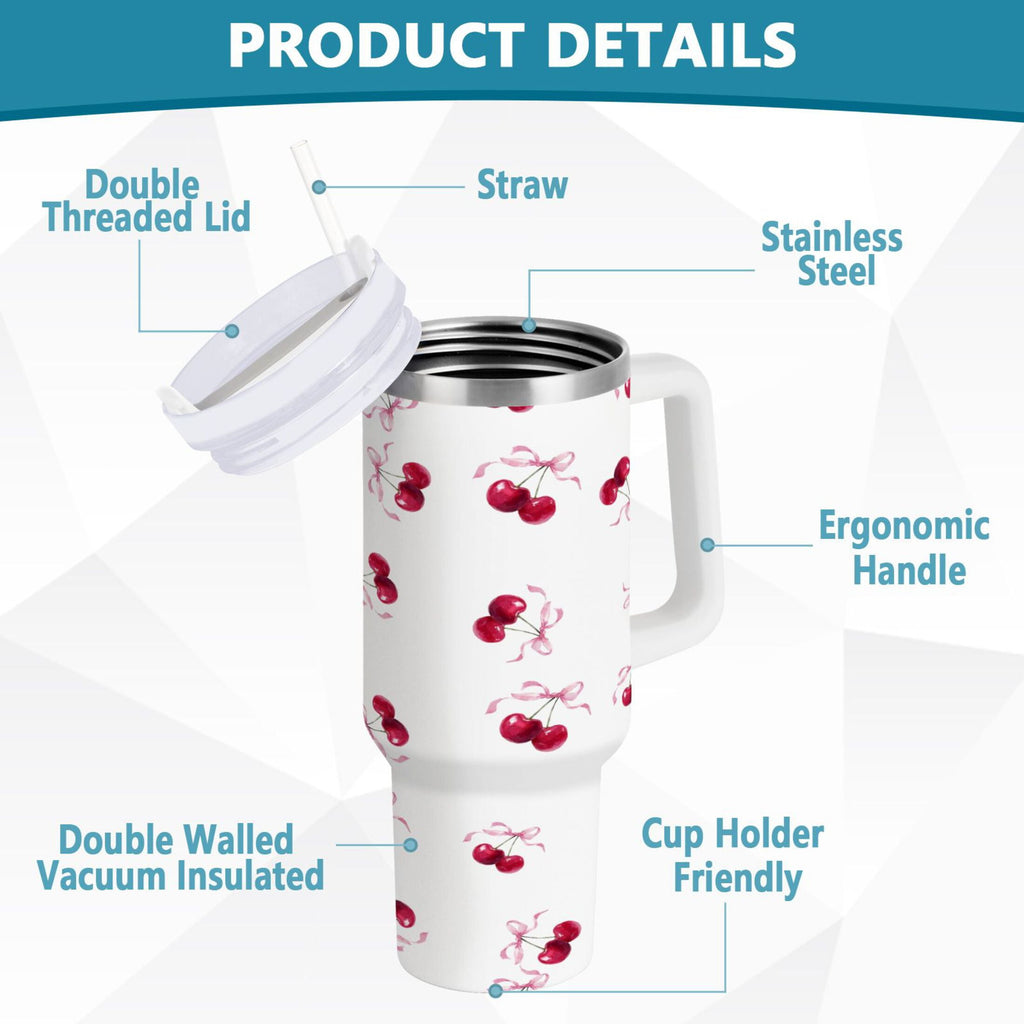 30 oz Insulated Stainless Steel Tumbler Double Wall Stainless Steel Tumbler with 2-Way Drinking Watercolor Cherries Pattern - YEYV