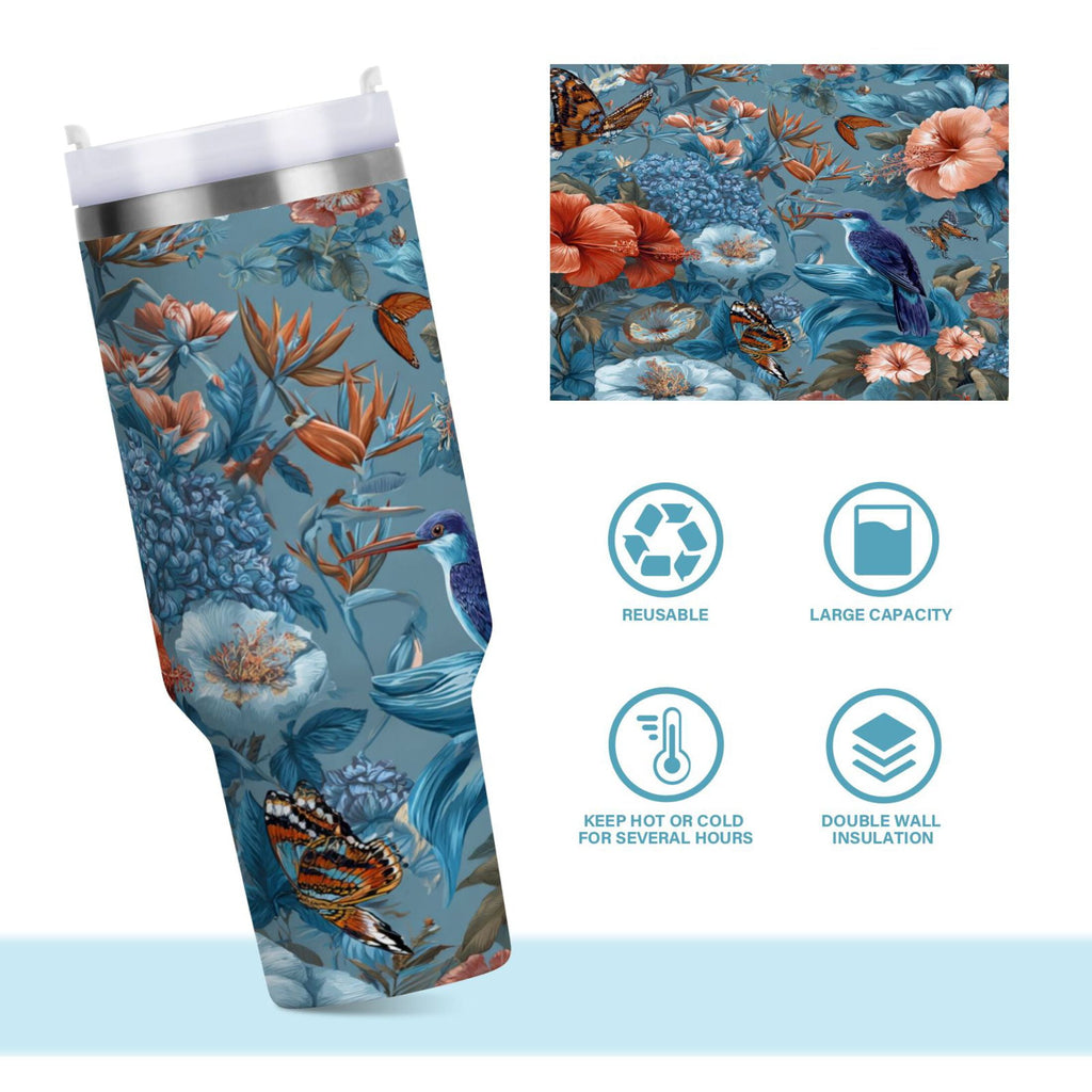 30 oz Insulated Stainless Steel Tumbler Double Wall Stainless Steel Tumbler with 2-Way Drinking Birds and Flowers - PWSL
