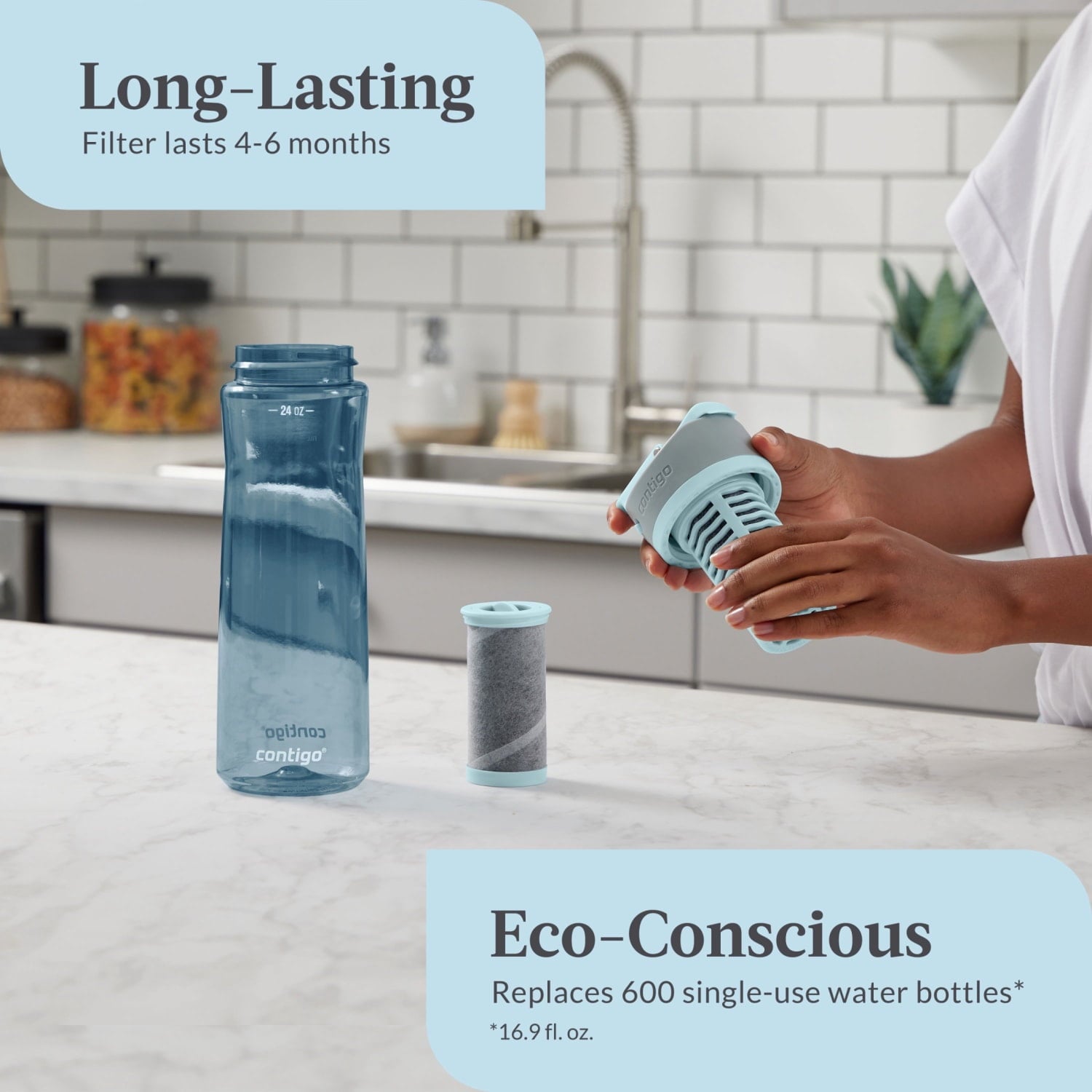 (2 pack) Contigo Clybourn Plastic FreeFlow Filter Water Bottle with AUTOSEAL Lid 24 oz., Dark Ice, with Replacable Filter - GSKW
