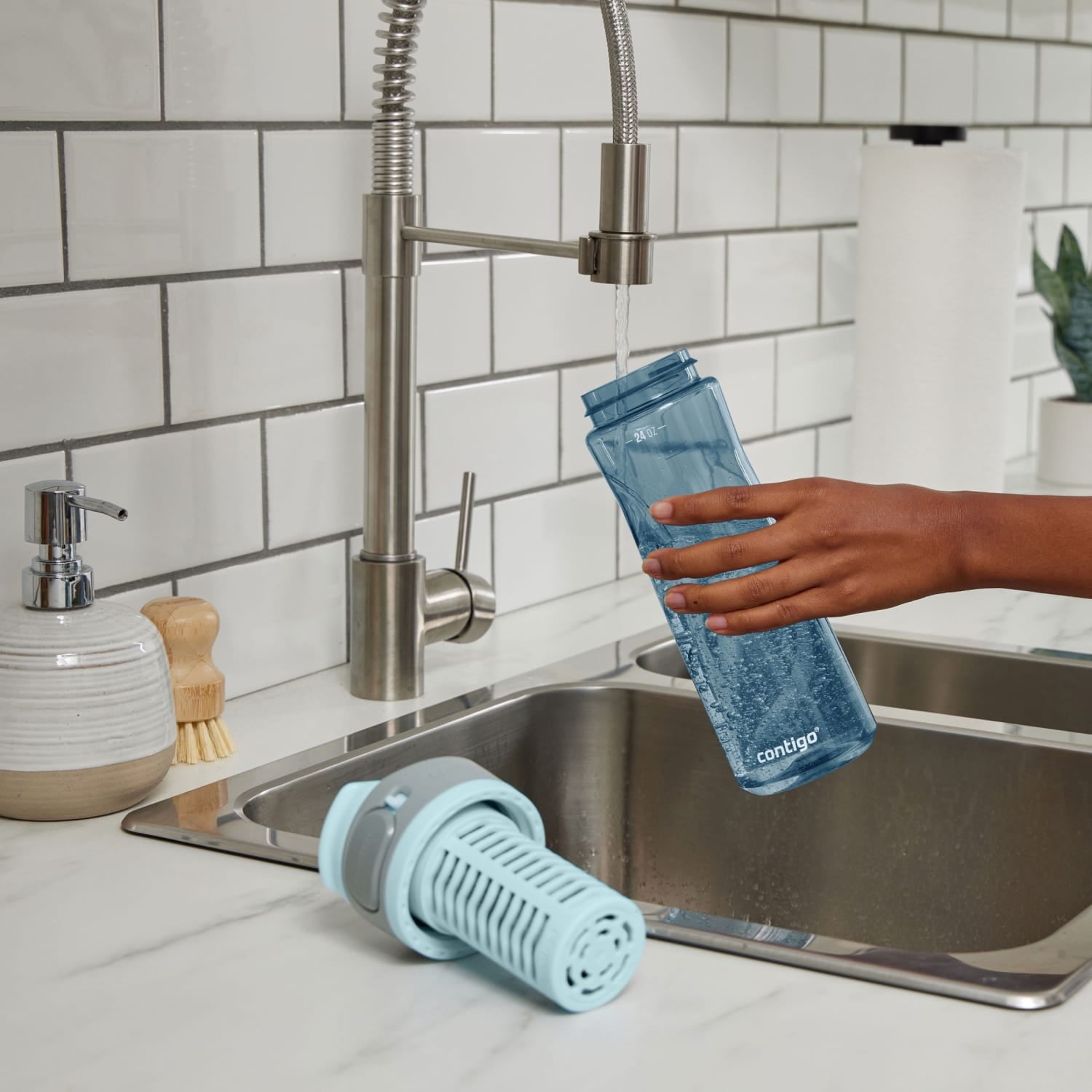 (2 pack) Contigo Clybourn Plastic FreeFlow Filter Water Bottle with AUTOSEAL Lid 24 oz., Dark Ice, with Replacable Filter - GSKW