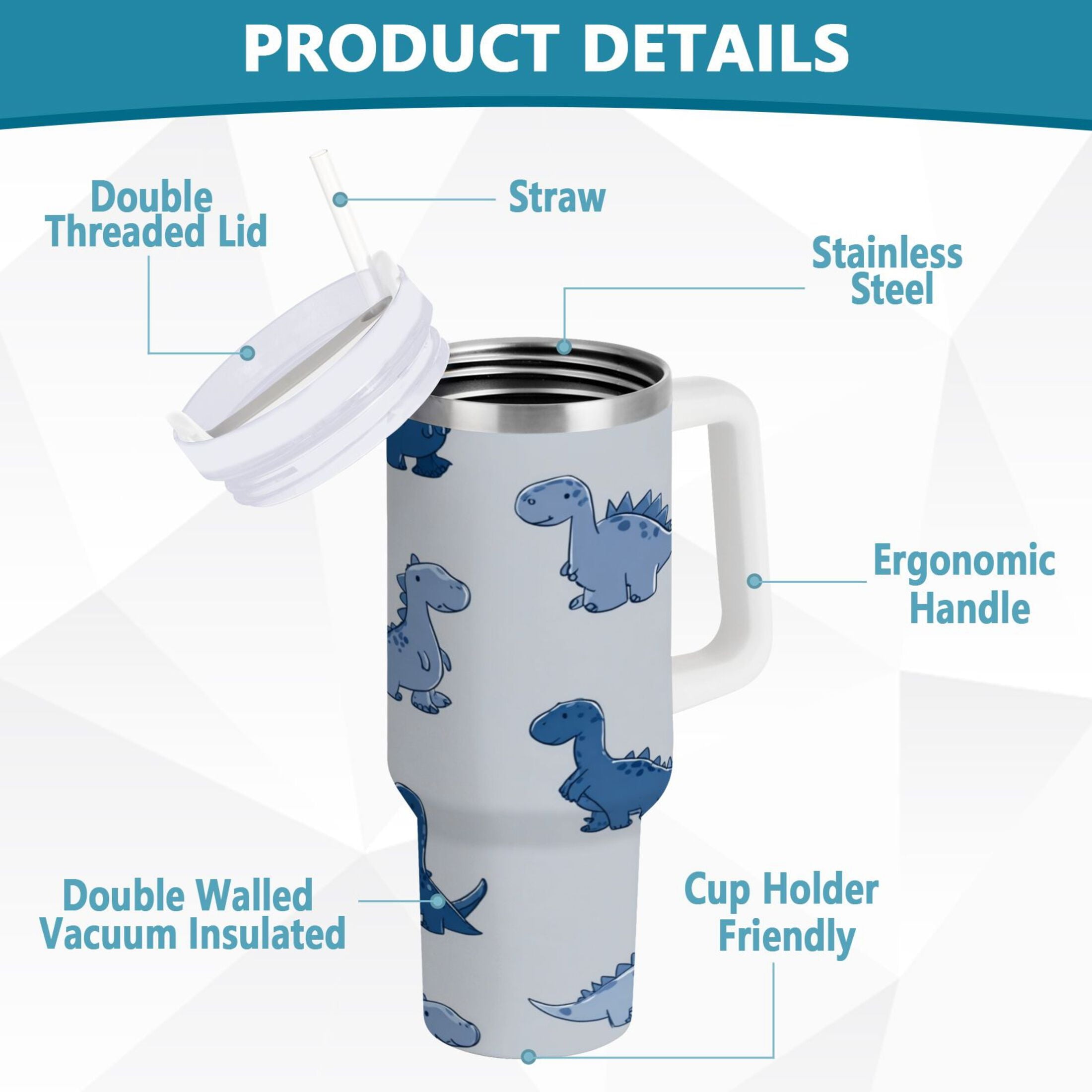 30 oz Insulated Stainless Steel Tumbler Double Wall Stainless Steel Tumbler with 2-Way Drinking Cute Blue Dinosaurs - 9QJB