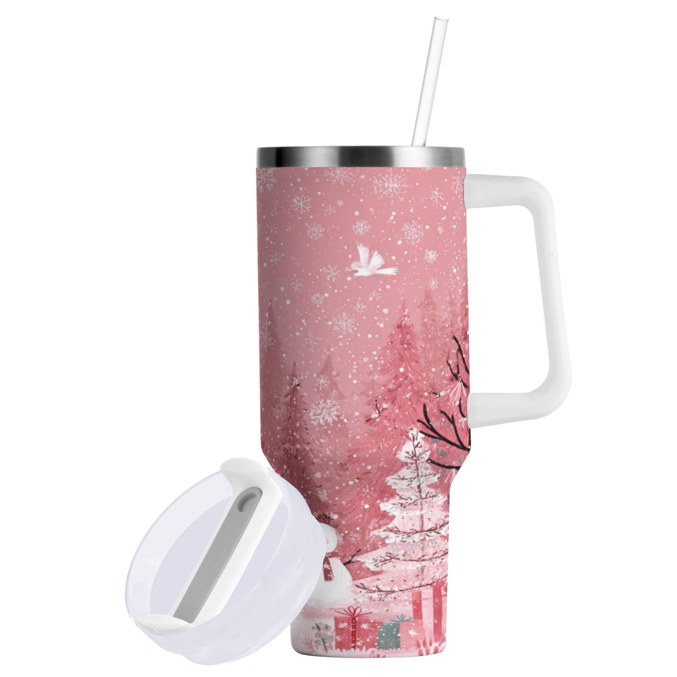 40 oz Insulated Stainless Steel Tumbler Double Wall Stainless Steel Tumbler with 2-Way Drinking Christmas Forest with Snowmen - 6ESJ