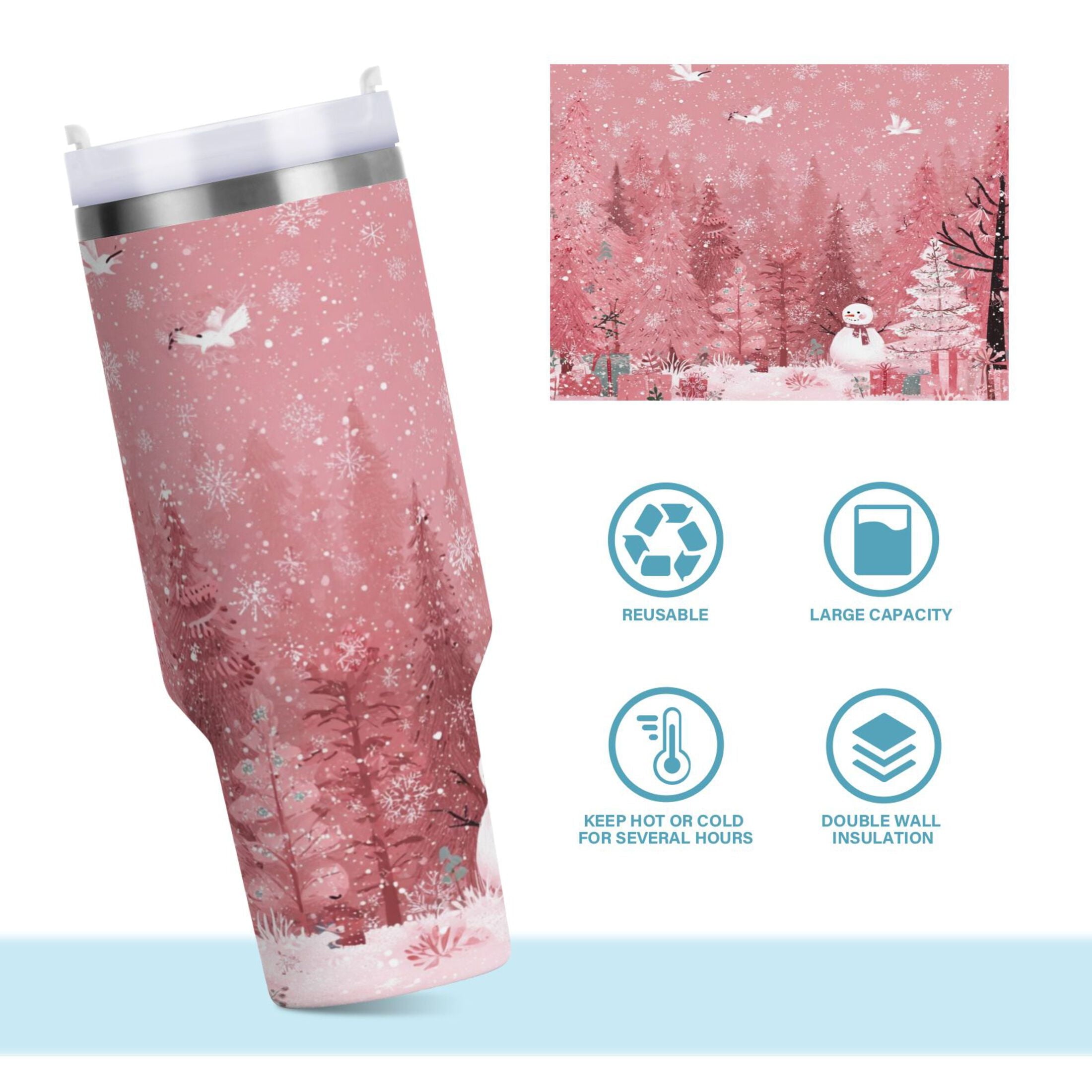40 oz Insulated Stainless Steel Tumbler Double Wall Stainless Steel Tumbler with 2-Way Drinking Christmas Forest with Snowmen - 6ESJ