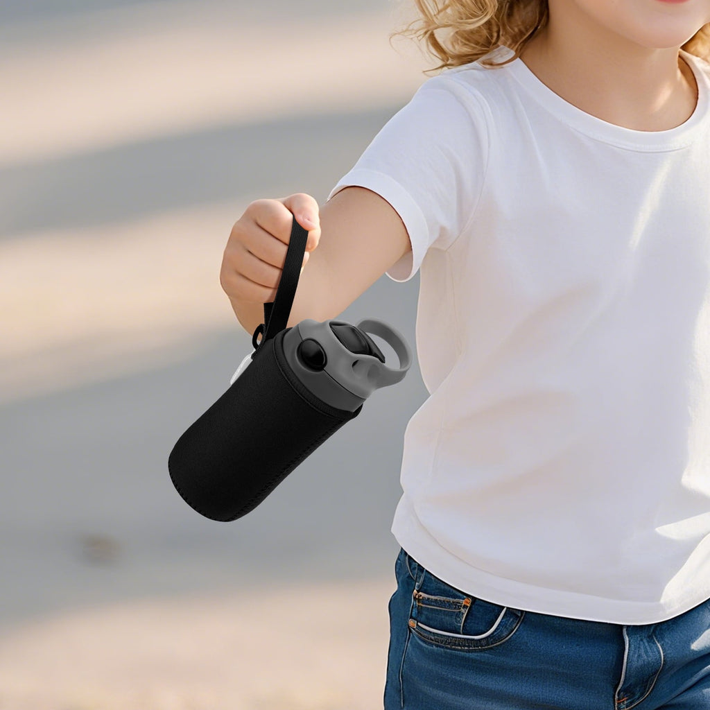 Linkidea Water Bottle Sleeve Compatible with Contigo Aubrey Tritan 14oz, Steel 13oz Kids Bottle, Waterbottle Holder Bag with Name Tag, Black - 8QAK