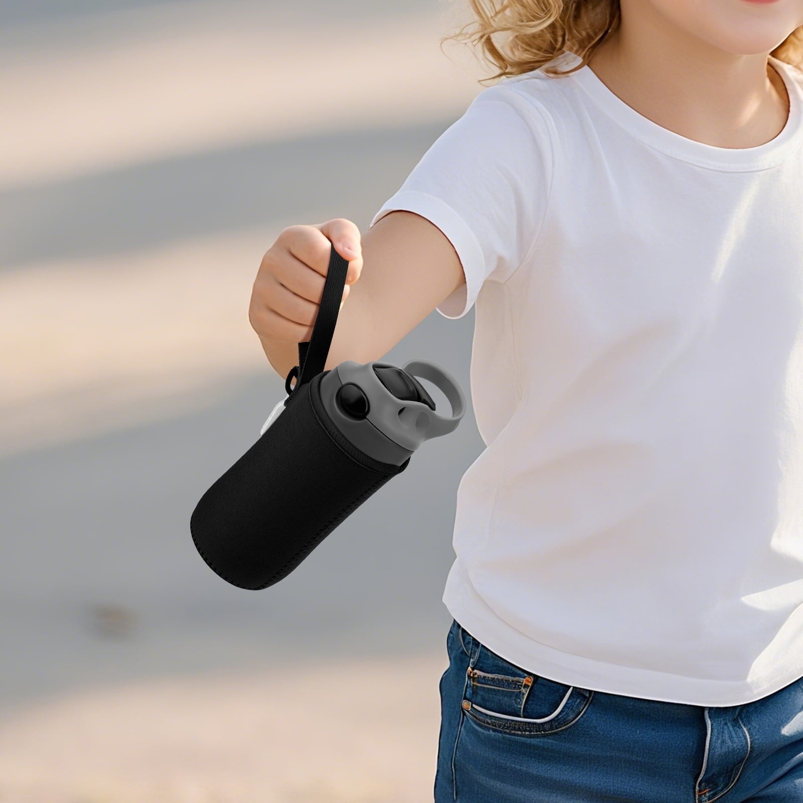 Linkidea Water Bottle Sleeve Compatible with Contigo Aubrey Tritan 14oz, Steel 13oz Kids Bottle, Waterbottle Holder Bag with Name Tag, Black - 8QAK