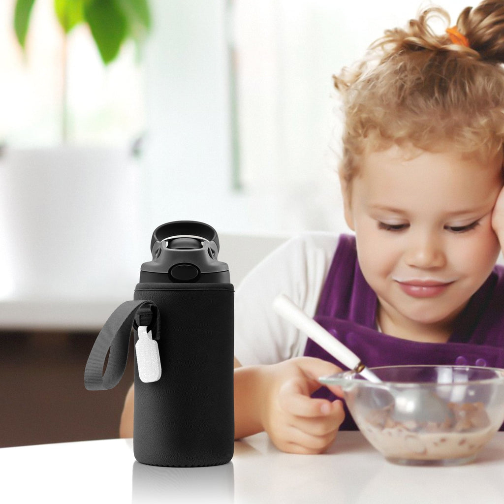 Linkidea Water Bottle Sleeve Compatible with Contigo Aubrey Tritan 14oz, Steel 13oz Kids Bottle, Waterbottle Holder Bag with Name Tag, Black - 8QAK