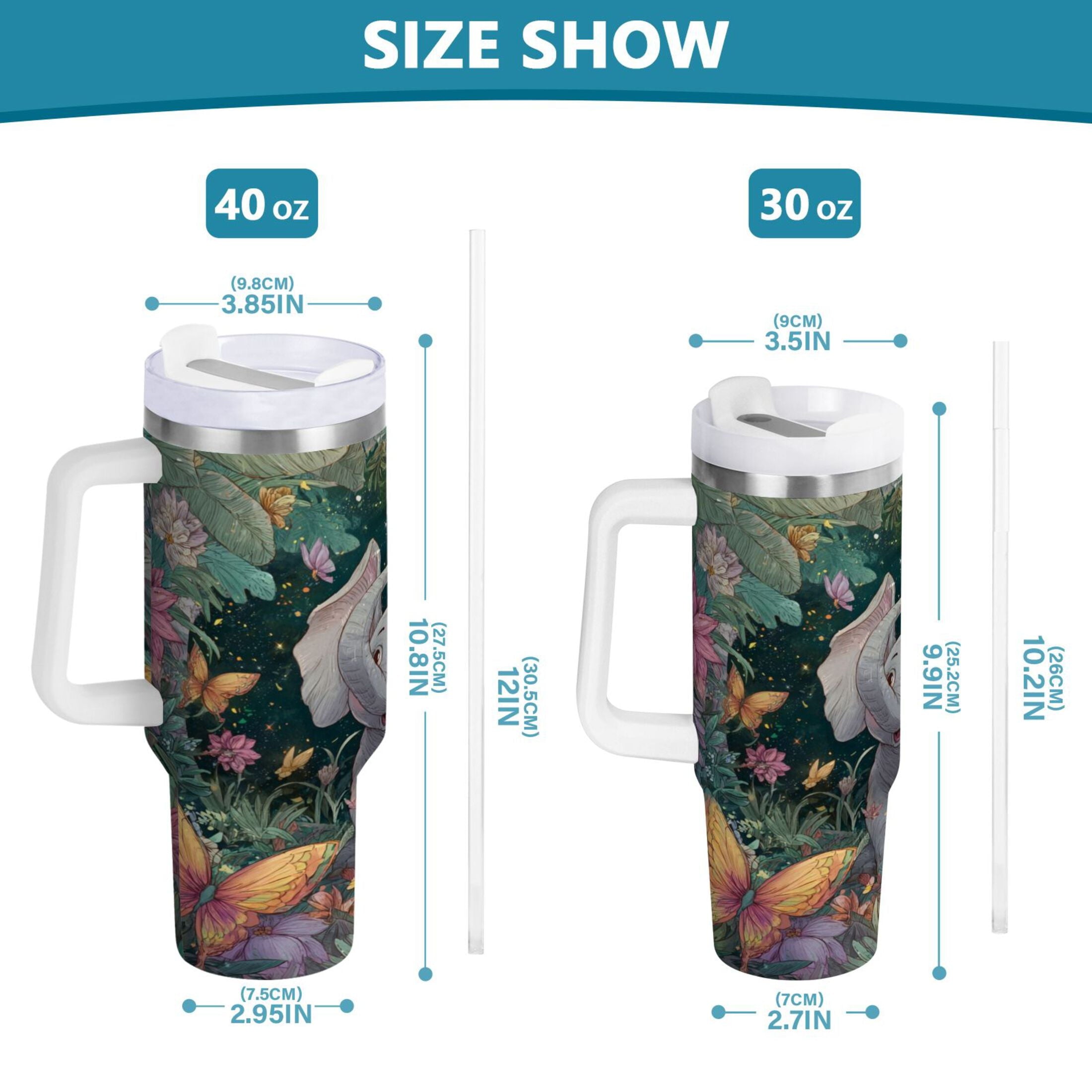 40 oz Insulated Stainless Steel Tumbler Double Wall Stainless Steel Tumbler with 2-Way Drinking Cute Elephant - 35LJ