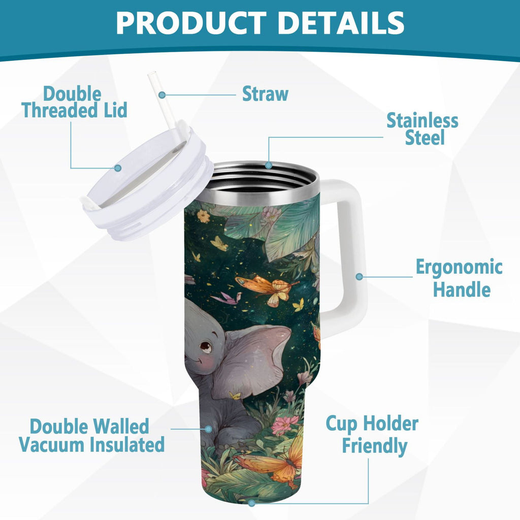 40 oz Insulated Stainless Steel Tumbler Double Wall Stainless Steel Tumbler with 2-Way Drinking Cute Elephant - 35LJ