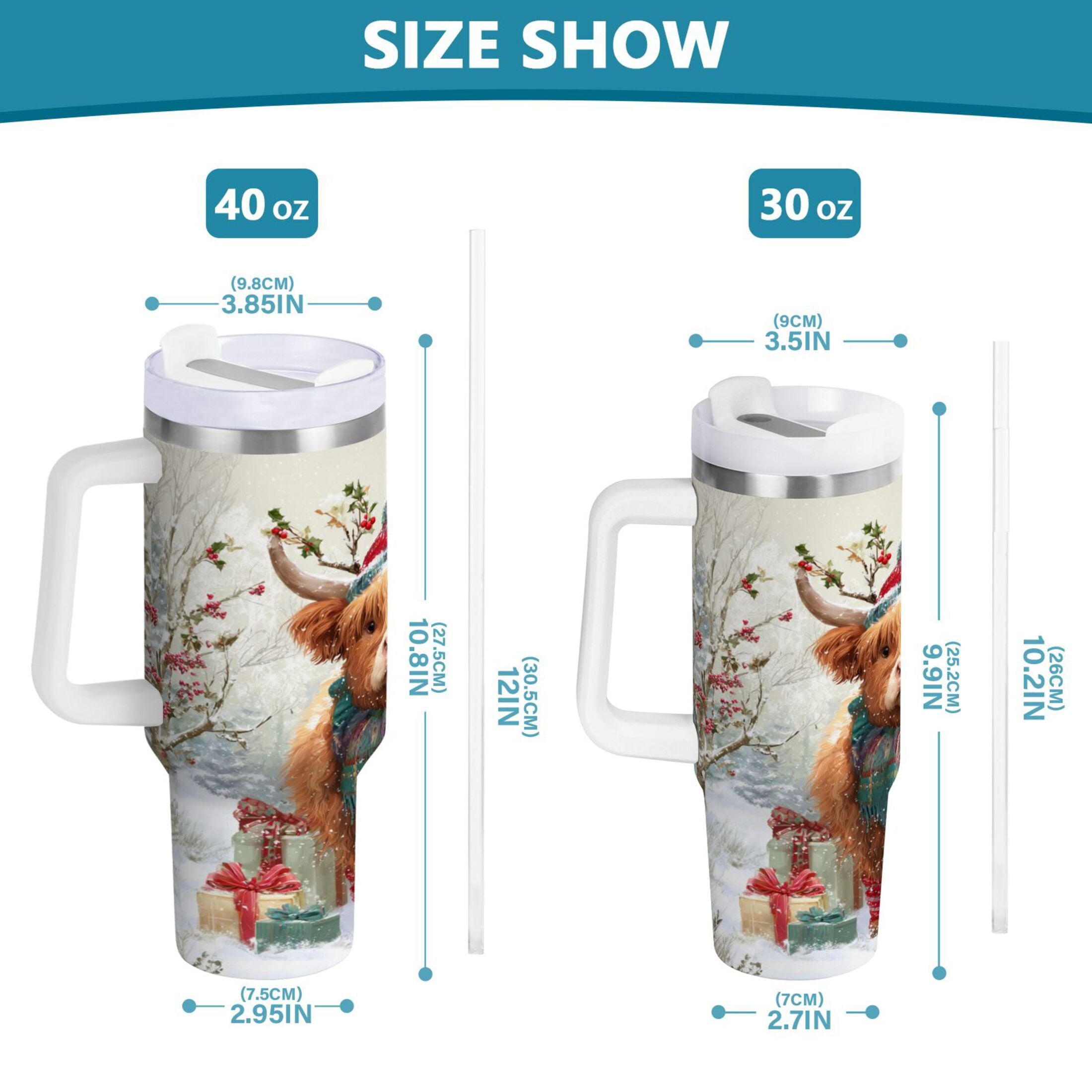30 oz Insulated Stainless Steel Tumbler Double Wall Stainless Steel Tumbler with 2-Way Drinking Cow Wearing Christmas Hat - BCCC