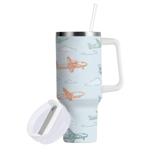 30 oz Insulated Stainless Steel Tumbler Double Wall Stainless Steel Tumbler with 2-Way Drinking Pastel Doodle Airplanes - 2D6W