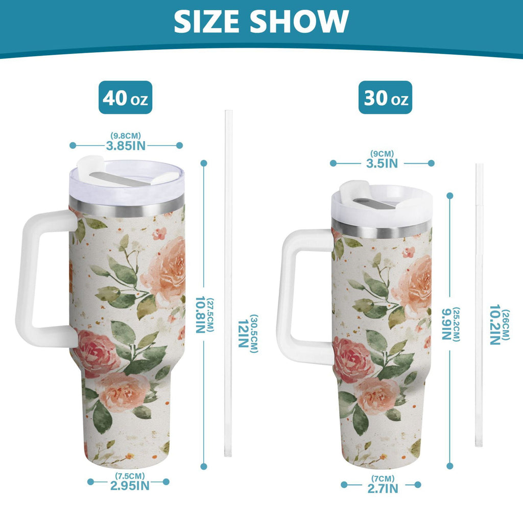 40 oz Insulated Stainless Steel Tumbler Double Wall Stainless Steel Tumbler with 2-Way Drinking Watercolor Rose Floral Pattern - SLDA