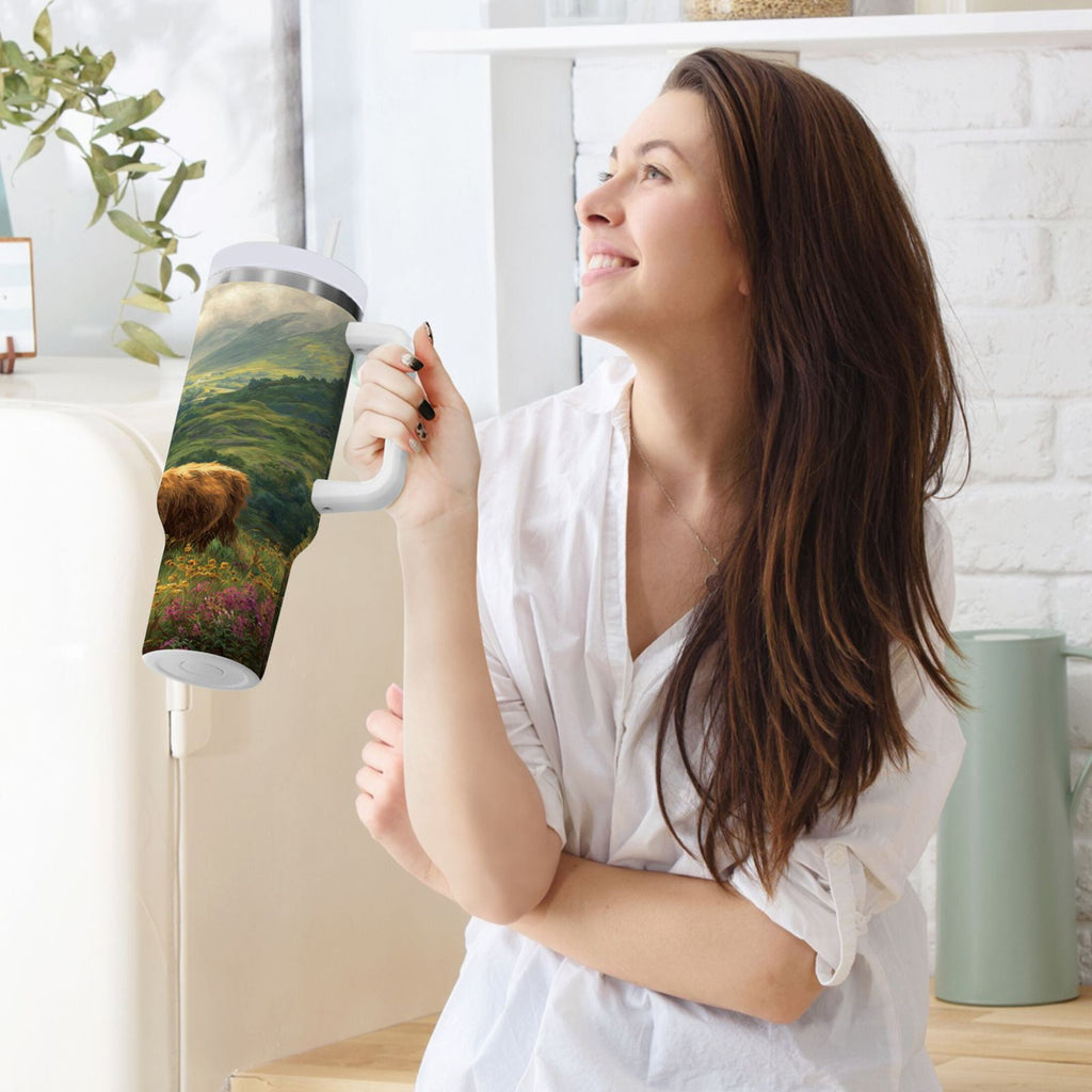 30 oz Insulated Stainless Steel Tumbler Double Wall Stainless Steel Tumbler with 2-Way Drinking Cow in Green Rolling Hills - PQ9H