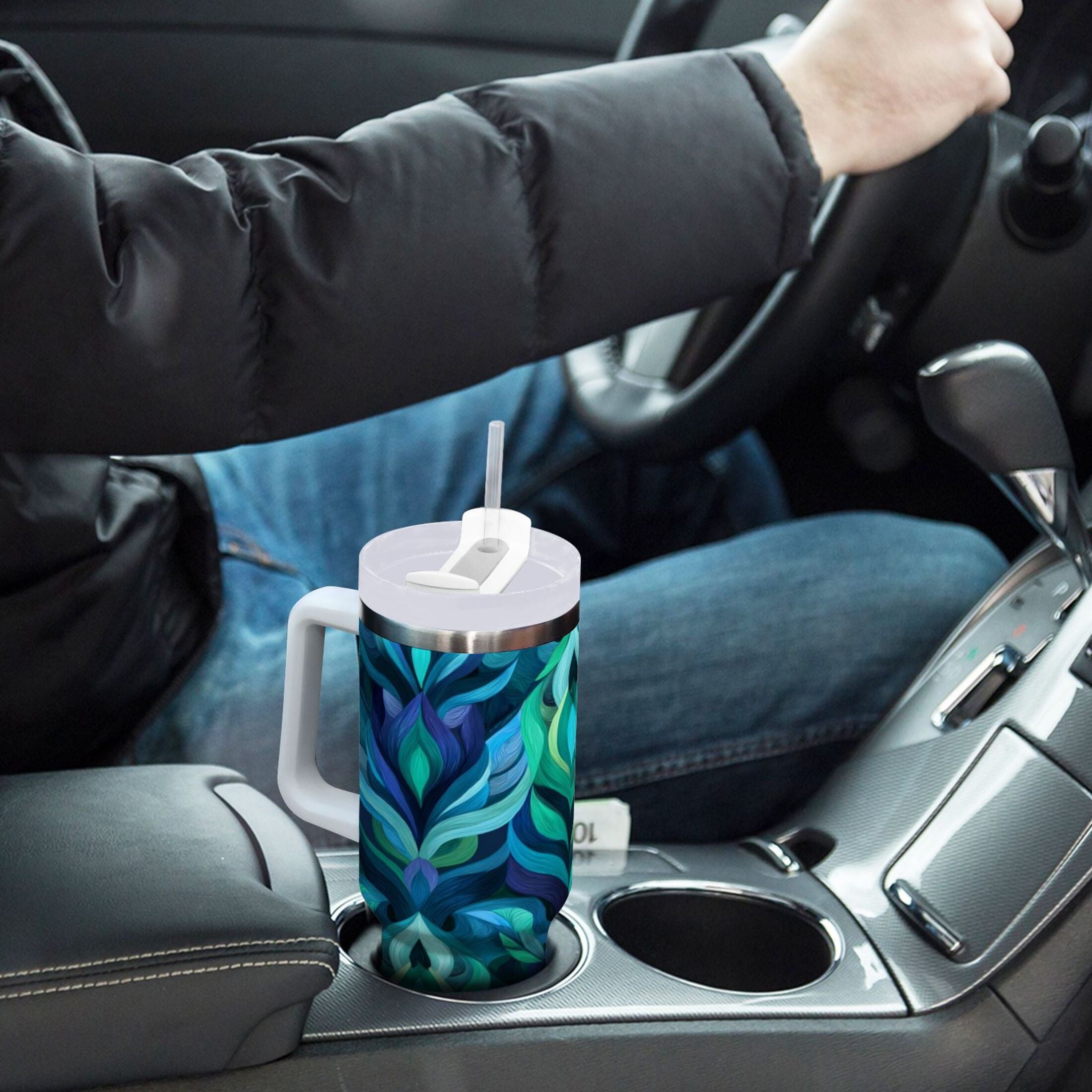 40 oz Insulated Stainless Steel Tumbler Double Wall Stainless Steel Tumbler with 2-Way Drinking Elegant Blue Abstract Shapes - 6YY7