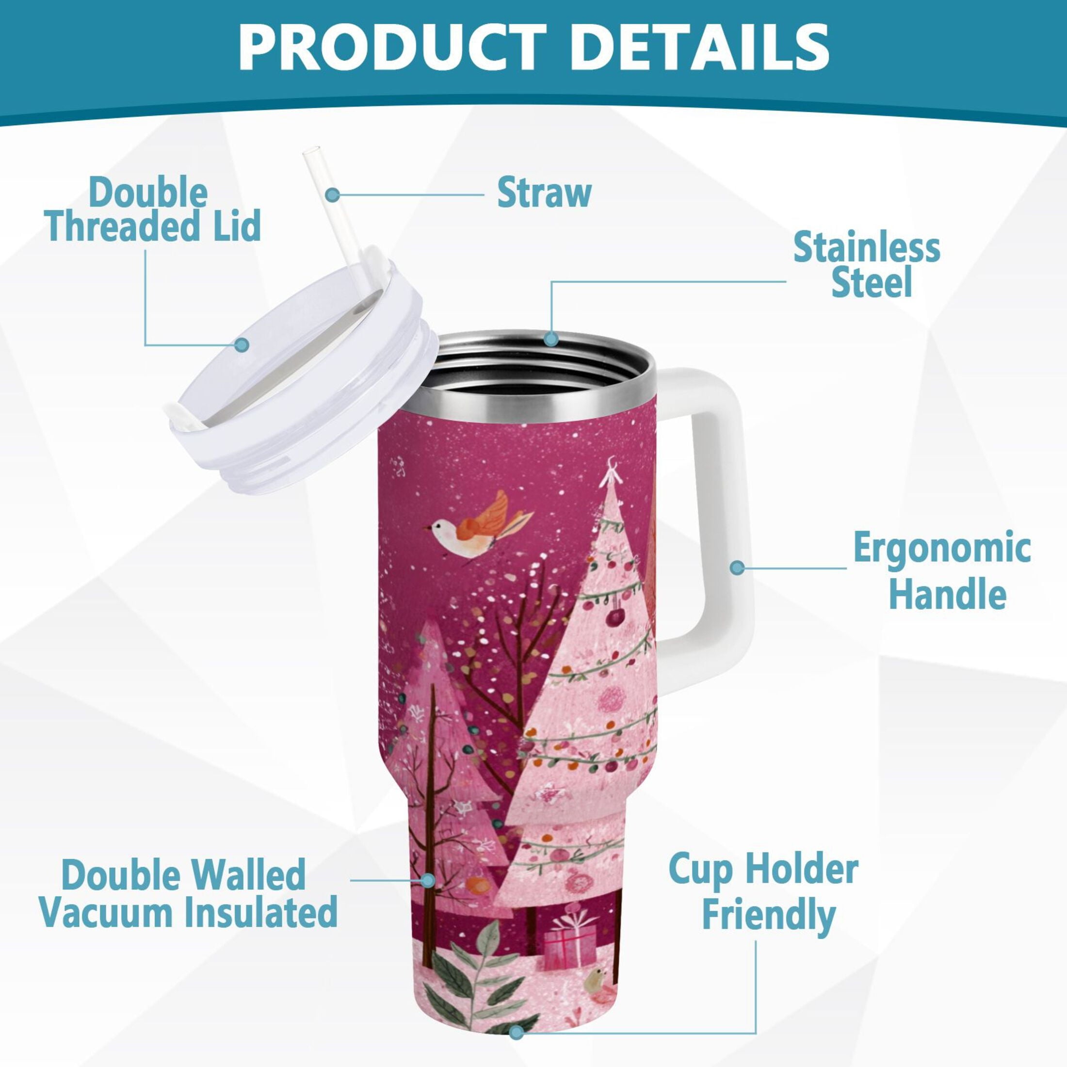 40 oz Insulated Stainless Steel Tumbler Double Wall Stainless Steel Tumbler with 2-Way Drinking Pink Christmas Forest - UL72