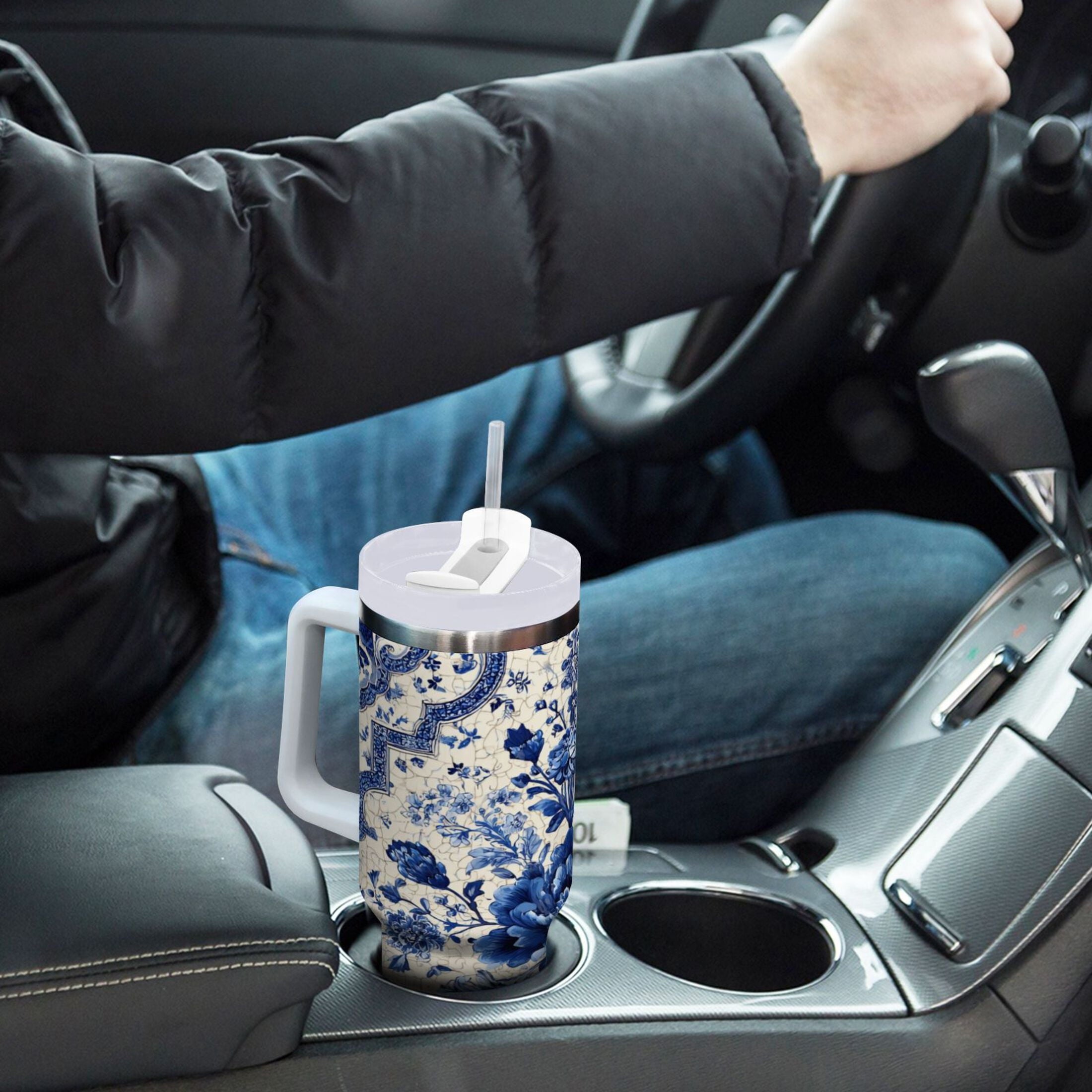 30 oz Insulated Stainless Steel Tumbler Double Wall Stainless Steel Tumbler with 2-Way Drinking Blue and White Porcelain-style - L2FM