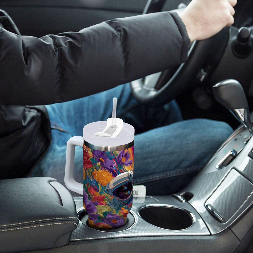40 oz Insulated Stainless Steel Tumbler Double Wall Stainless Steel Tumbler with 2-Way Drinking Colorful Flowers and Planets - 35BZ