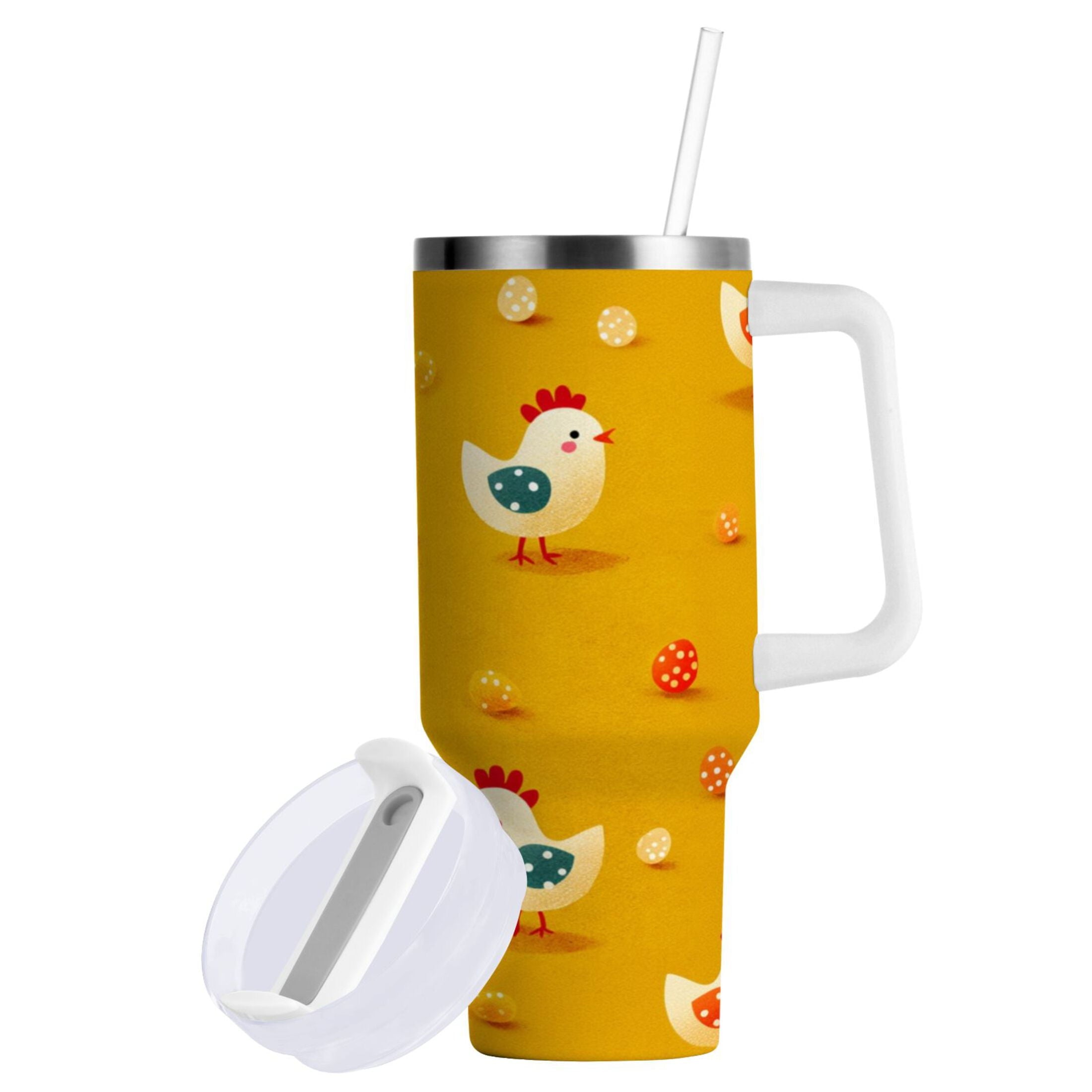 30 oz Insulated Stainless Steel Tumbler Double Wall Stainless Steel Tumbler with 2-Way Drinking Cartoon Chickens Pattern - F8R8