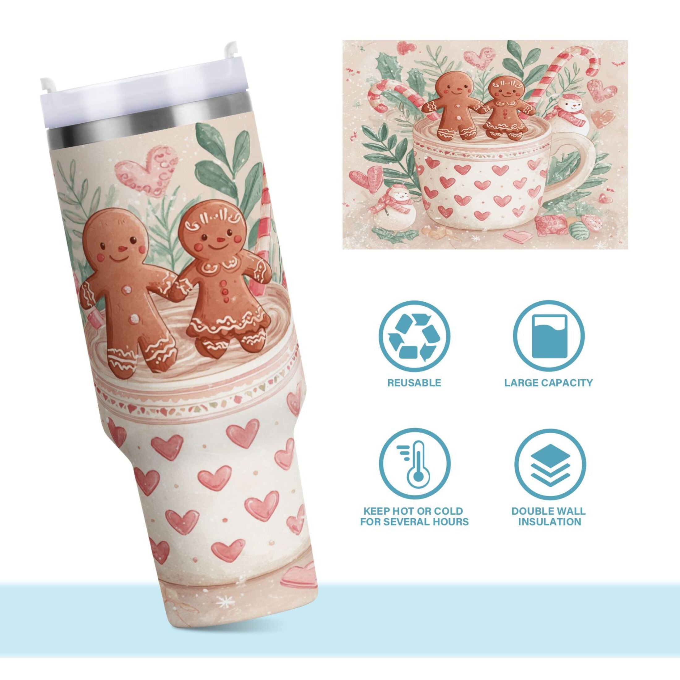 30 oz Insulated Stainless Steel Tumbler Double Wall Stainless Steel Tumbler with 2-Way Drinking Cute Christmas Design - HMBP