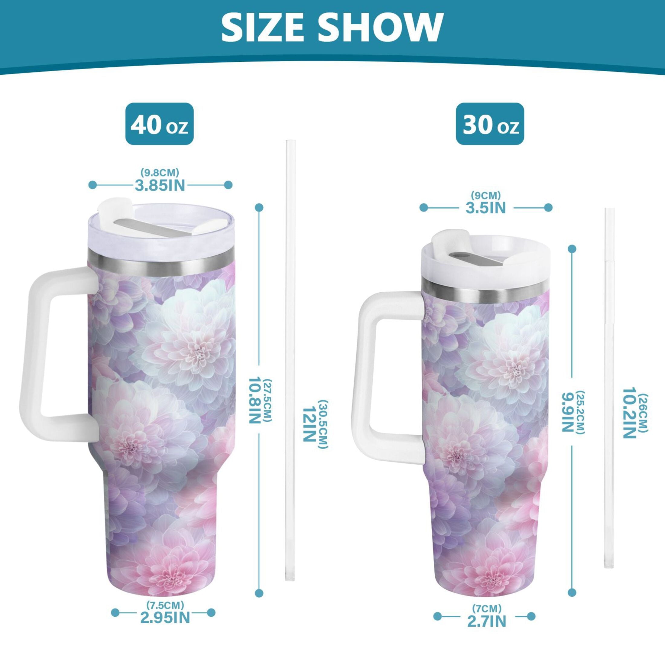 30 oz Insulated Stainless Steel Tumbler Double Wall Stainless Steel Tumbler with 2-Way Drinking Cute Pastel Watercolor Floral - K66X