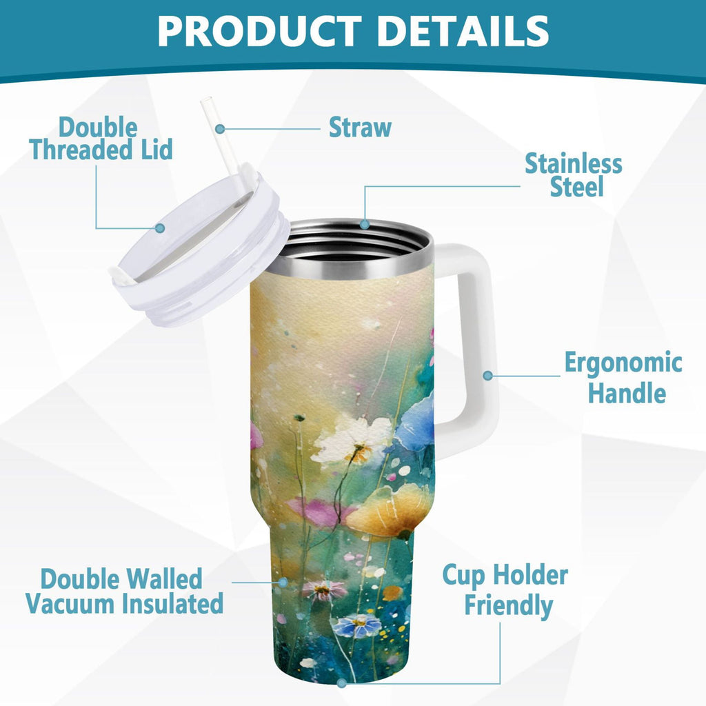 30 oz Insulated Stainless Steel Tumbler Double Wall Stainless Steel Tumbler with 2-Way Drinking Watercolor Wildflowers - X4M2