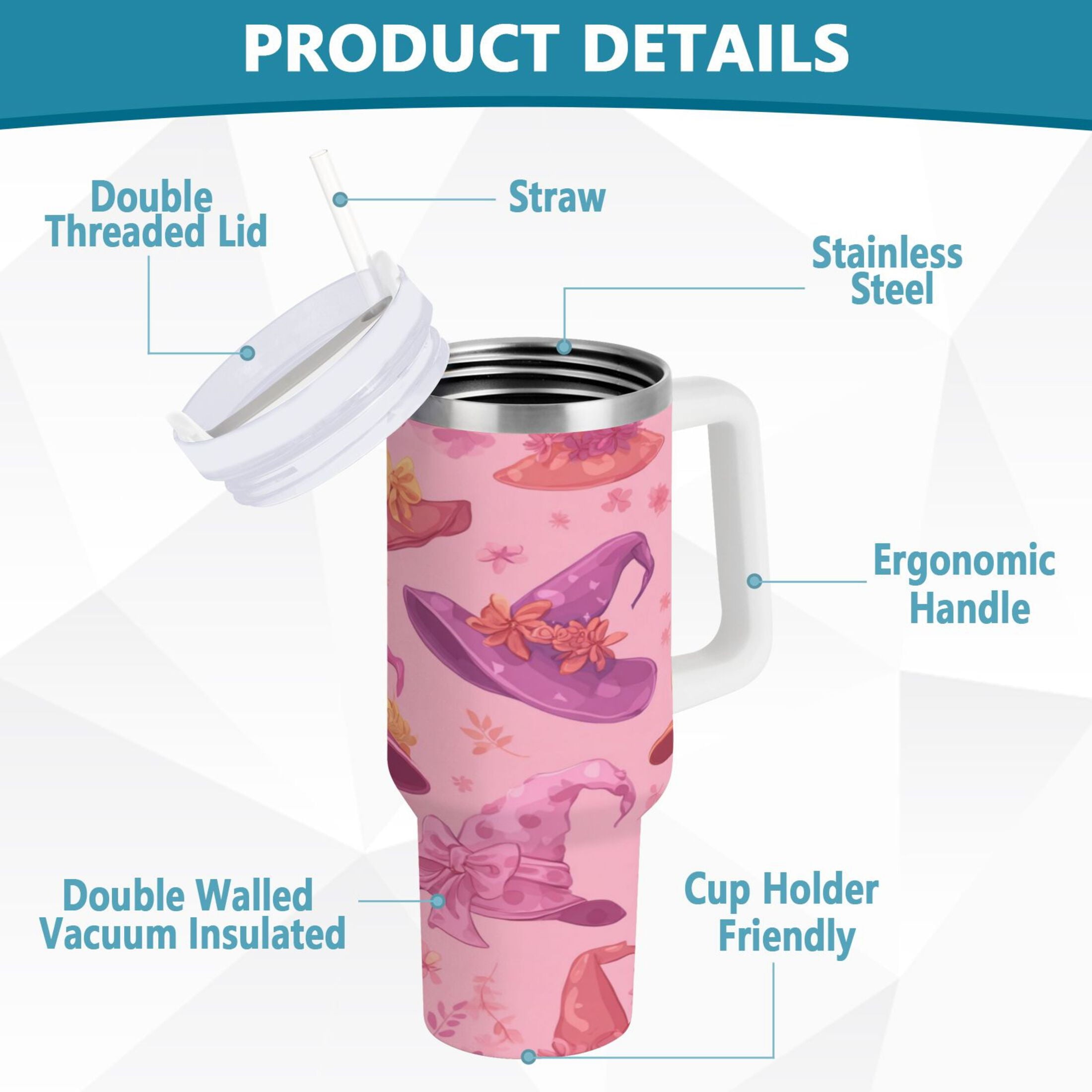 30 oz Insulated Stainless Steel Tumbler Double Wall Stainless Steel Tumbler with 2-Way Drinking Colorful Hat Pattern - DY8G