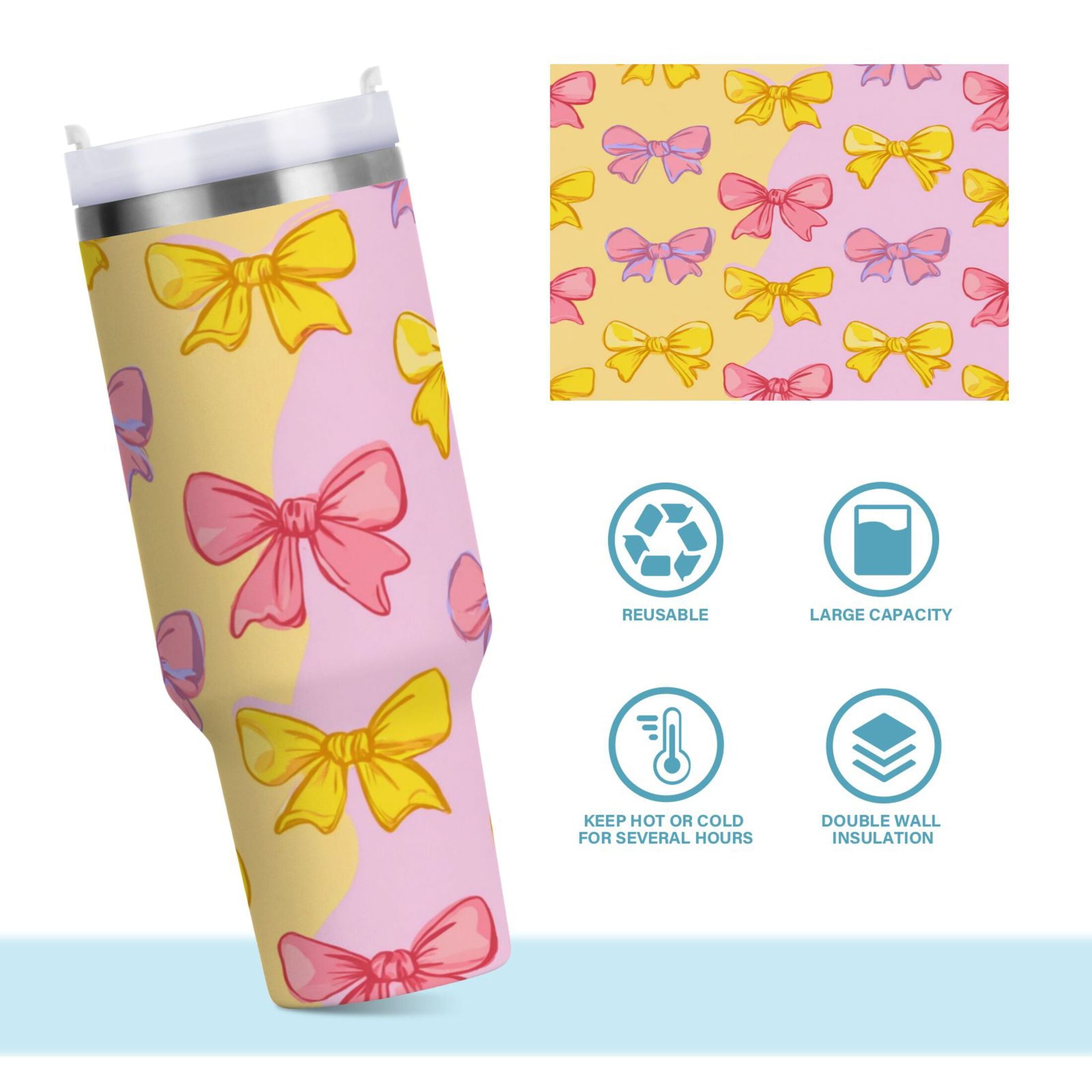 30 oz Insulated Stainless Steel Tumbler Double Wall Stainless Steel Tumbler with 2-Way Drinking Yellow and Pink Bows - 59JK