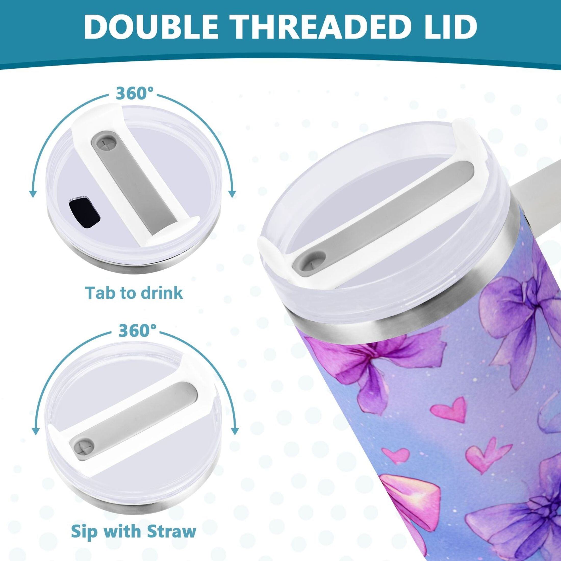 30 oz Insulated Stainless Steel Tumbler Double Wall Stainless Steel Tumbler with 2-Way Drinking Watercolor Bows Pattern - YXPV