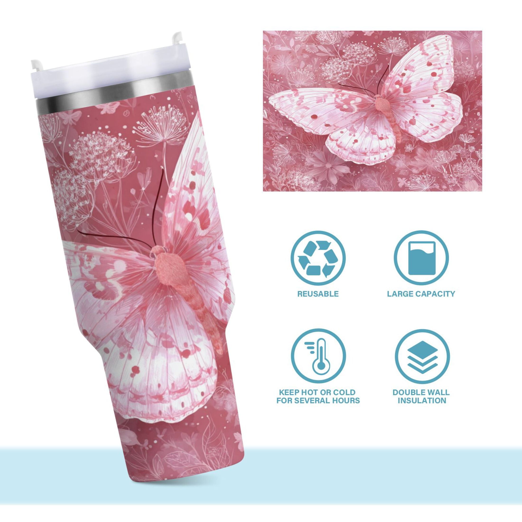 30 oz Insulated Stainless Steel Tumbler Double Wall Stainless Steel Tumbler with 2-Way Drinking Soft Pink Butterfly - CERX