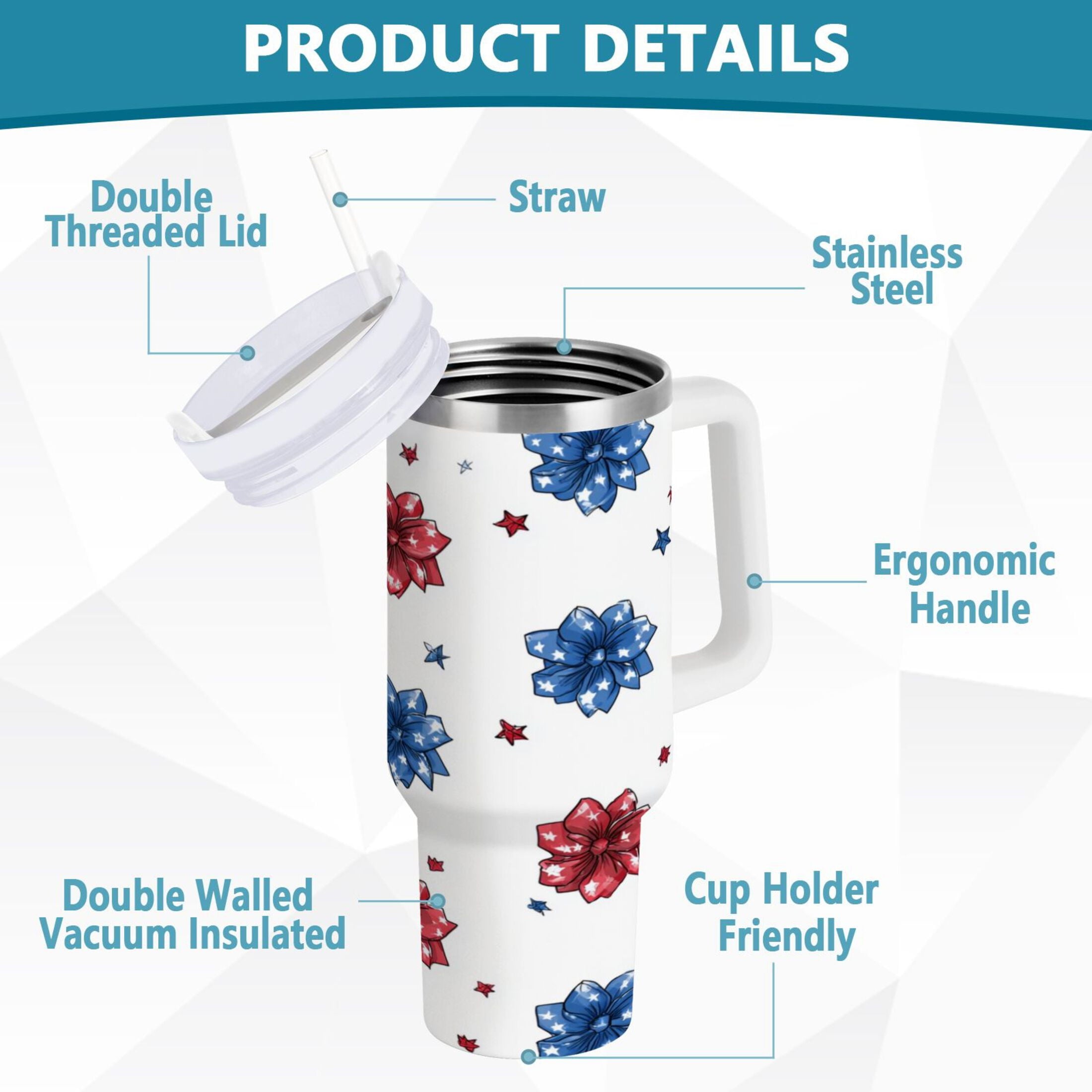 40 oz Insulated Stainless Steel Tumbler Double Wall Stainless Steel Tumbler with 2-Way Drinking Stars and Stripes Puttern Flower - TE8L