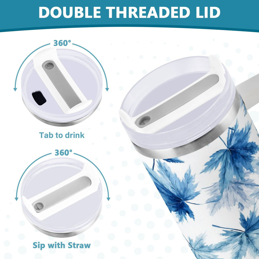 30 oz Insulated Stainless Steel Tumbler Double Wall Stainless Steel Tumbler with 2-Way Drinking Abstract Blue Maple Leaves - FTCE