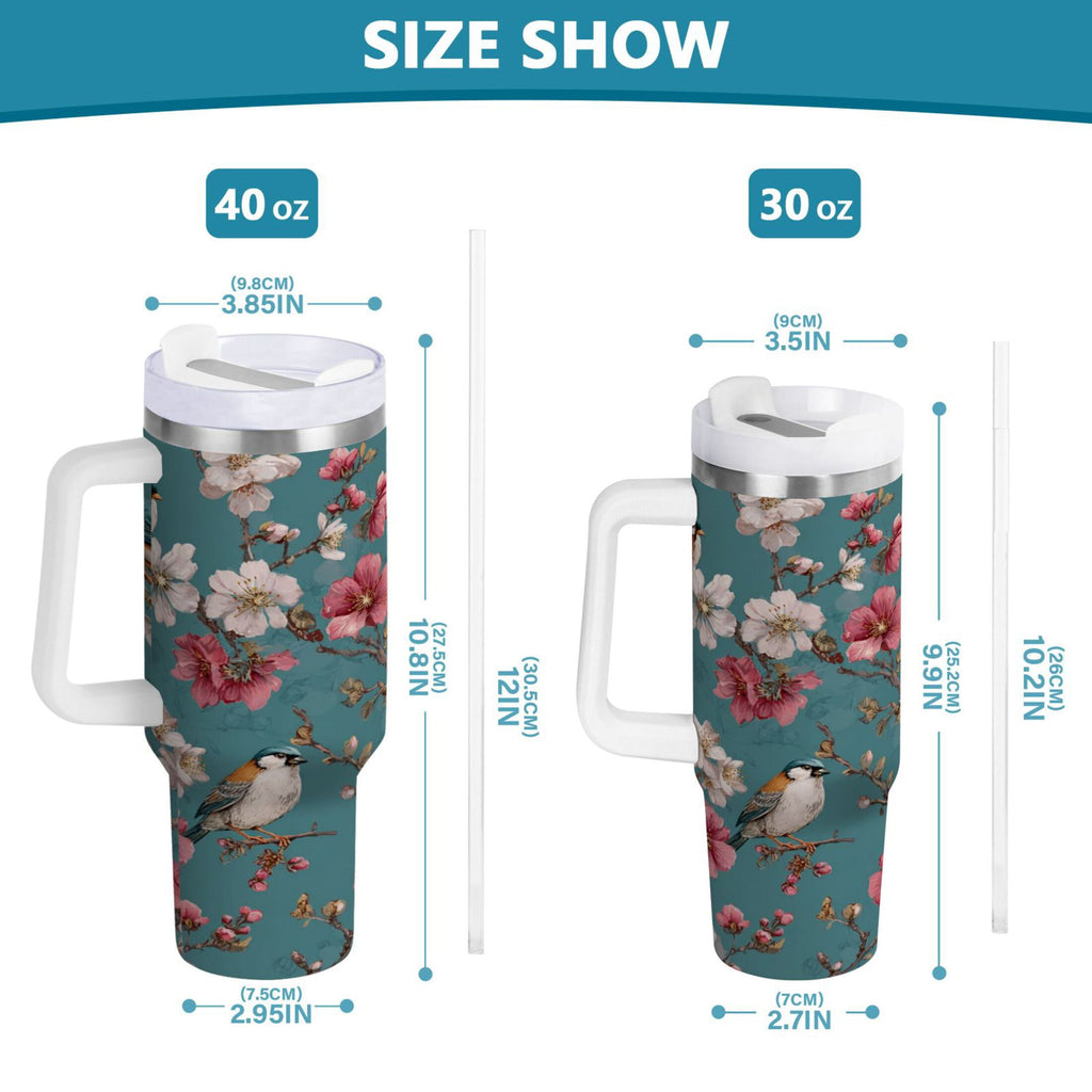 30 oz Insulated Stainless Steel Tumbler Double Wall Stainless Steel Tumbler with 2-Way Drinking Birds and Cherry Pattern - HXWC