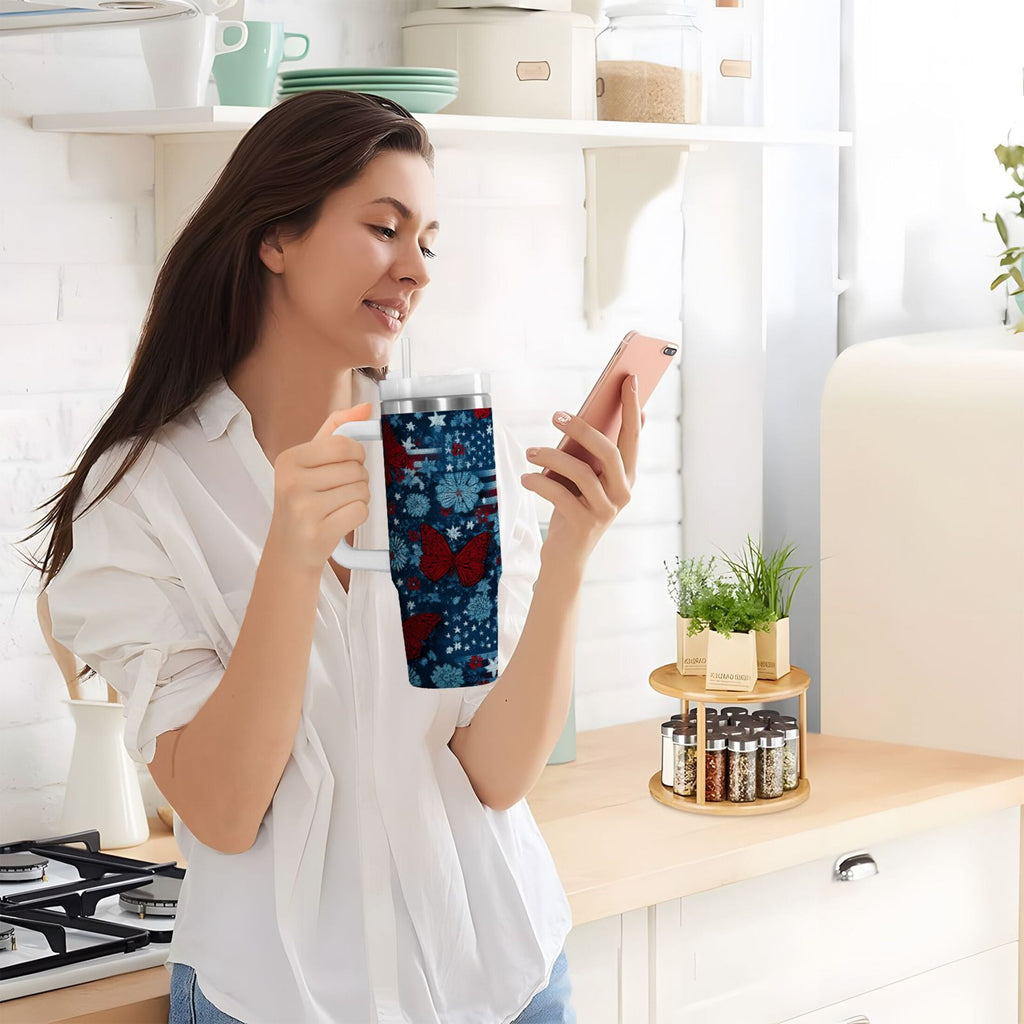 30 oz Insulated Stainless Steel Tumbler Double Wall Stainless Steel Tumbler with 2-Way Drinking Red Butterflies and Flags - TXBH