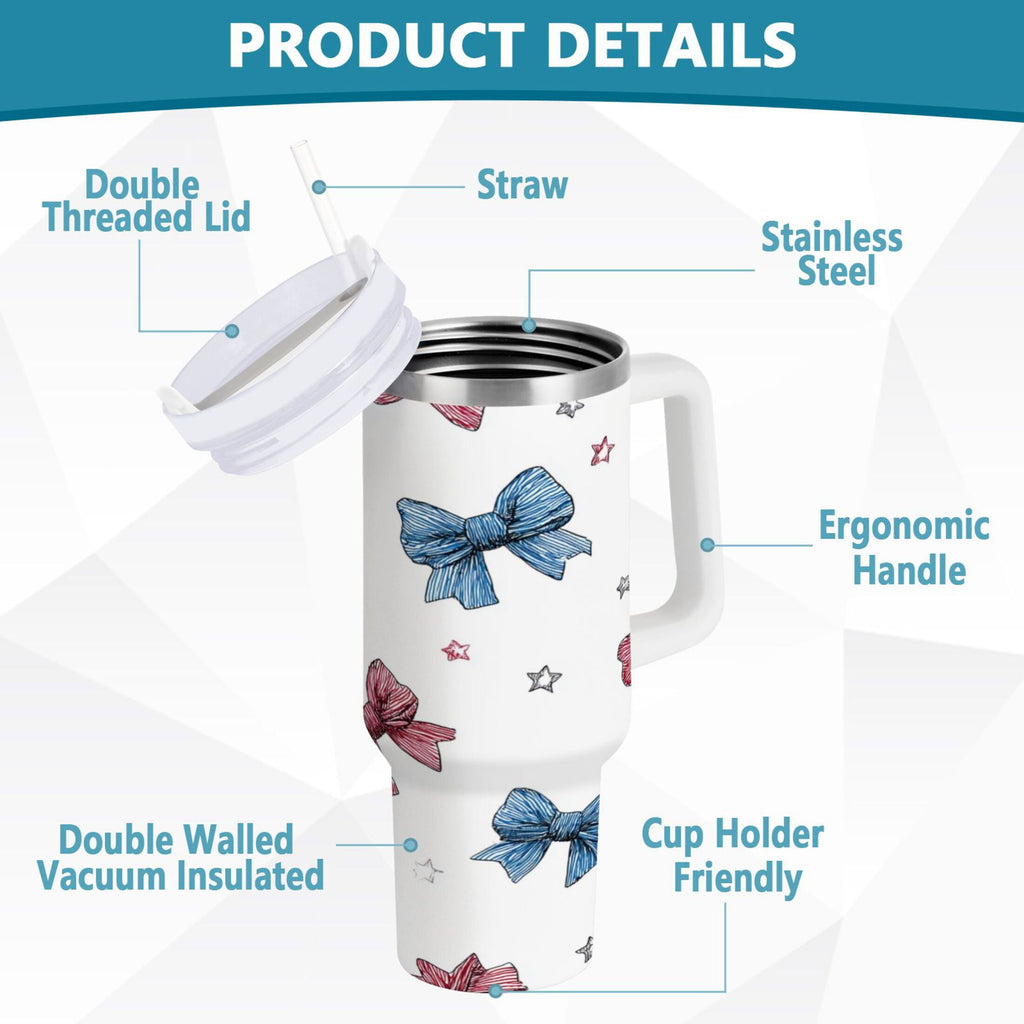 40 oz Insulated Stainless Steel Tumbler Double Wall Stainless Steel Tumbler with 2-Way Drinking Red and Blue Stripes Bows - U6S4