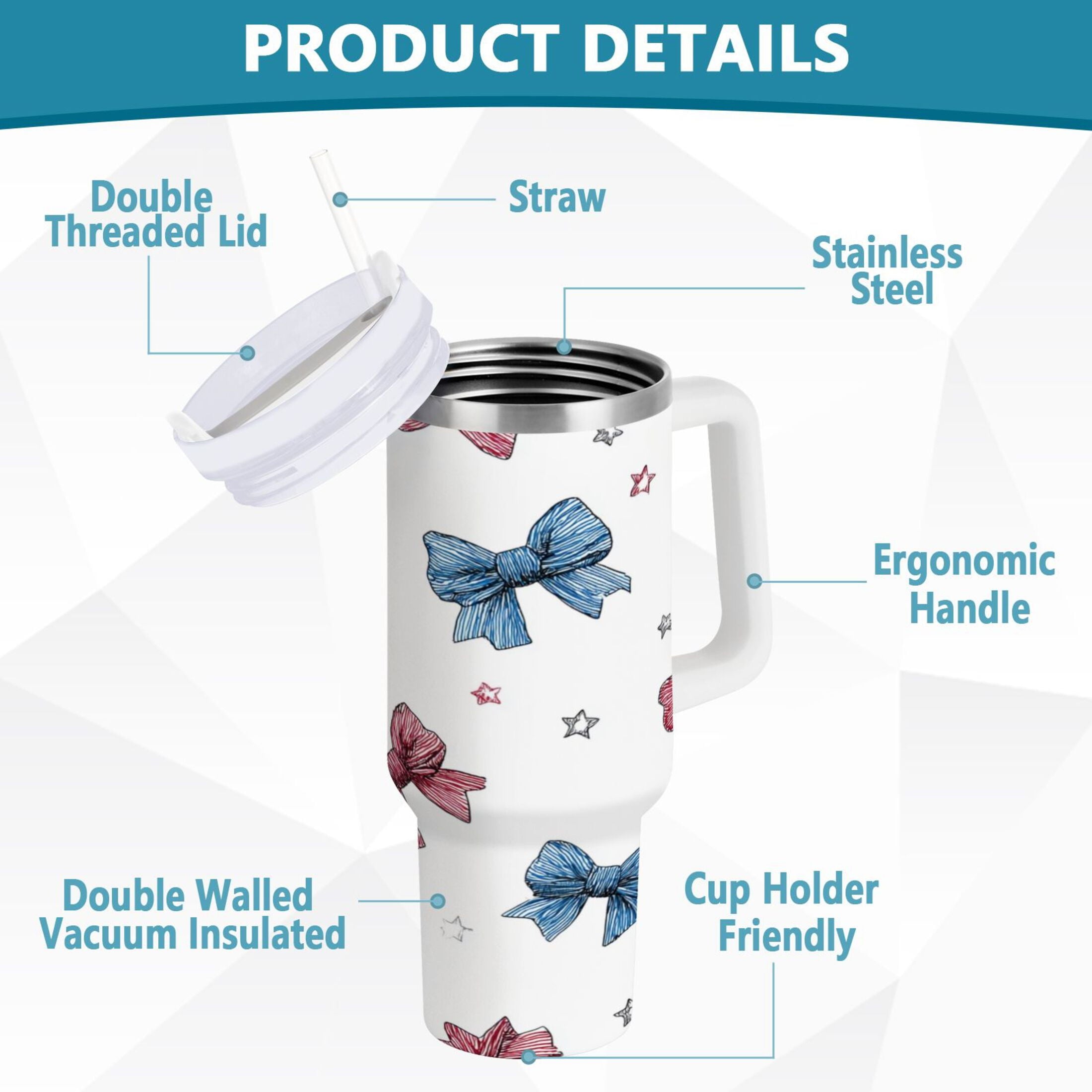 40 oz Insulated Stainless Steel Tumbler Double Wall Stainless Steel Tumbler with 2-Way Drinking Red and Blue Stripes Bows - U6S4