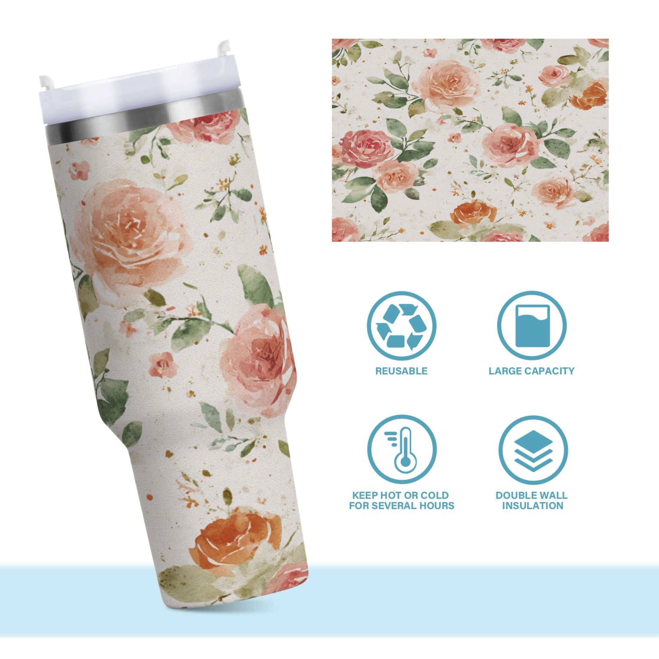 40 oz Insulated Stainless Steel Tumbler Double Wall Stainless Steel Tumbler with 2-Way Drinking Watercolor Rose Floral Pattern - SLDA