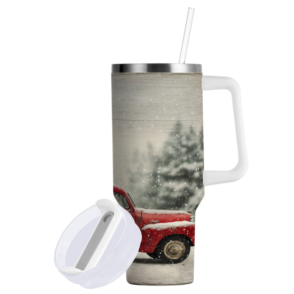 40 oz Insulated Stainless Steel Tumbler Double Wall Stainless Steel Tumbler with 2-Way Drinking Vintage Red Truck - RHPN