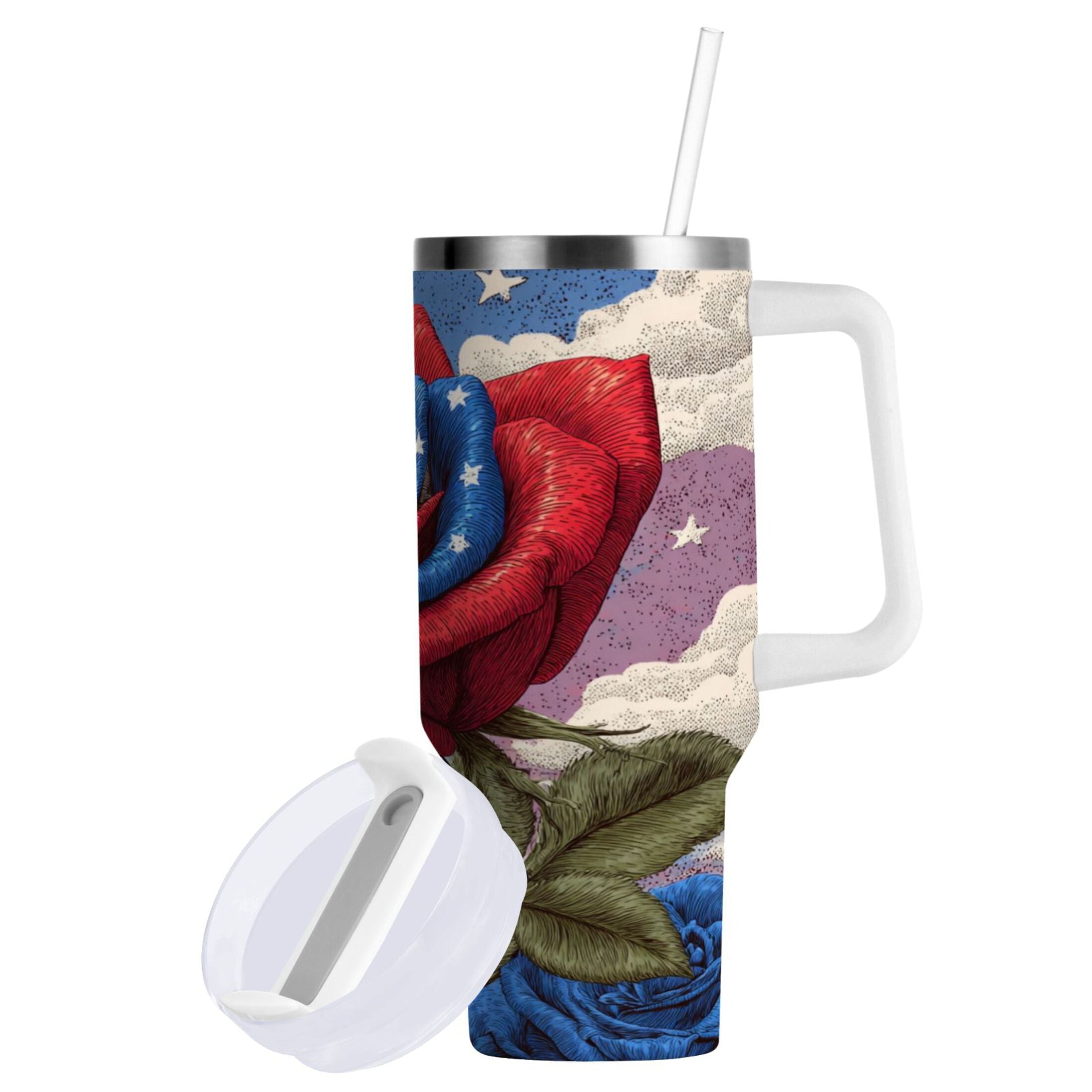 40 oz Insulated Stainless Steel Tumbler Double Wall Stainless Steel Tumbler with 2-Way Drinking Roses and Clouds - 95NT