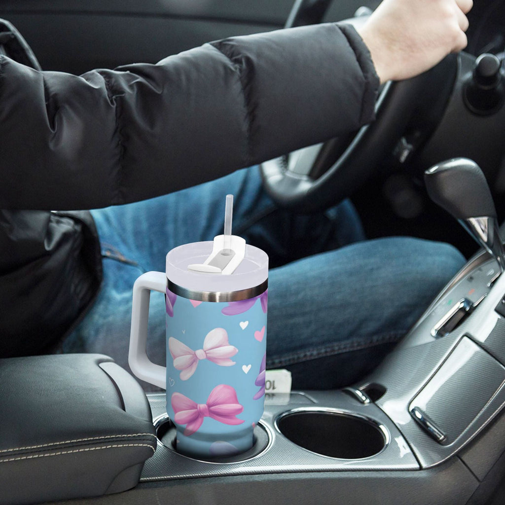 30 oz Insulated Stainless Steel Tumbler Double Wall Stainless Steel Tumbler with 2-Way Drinking Pink and Purple Bows - C8WV