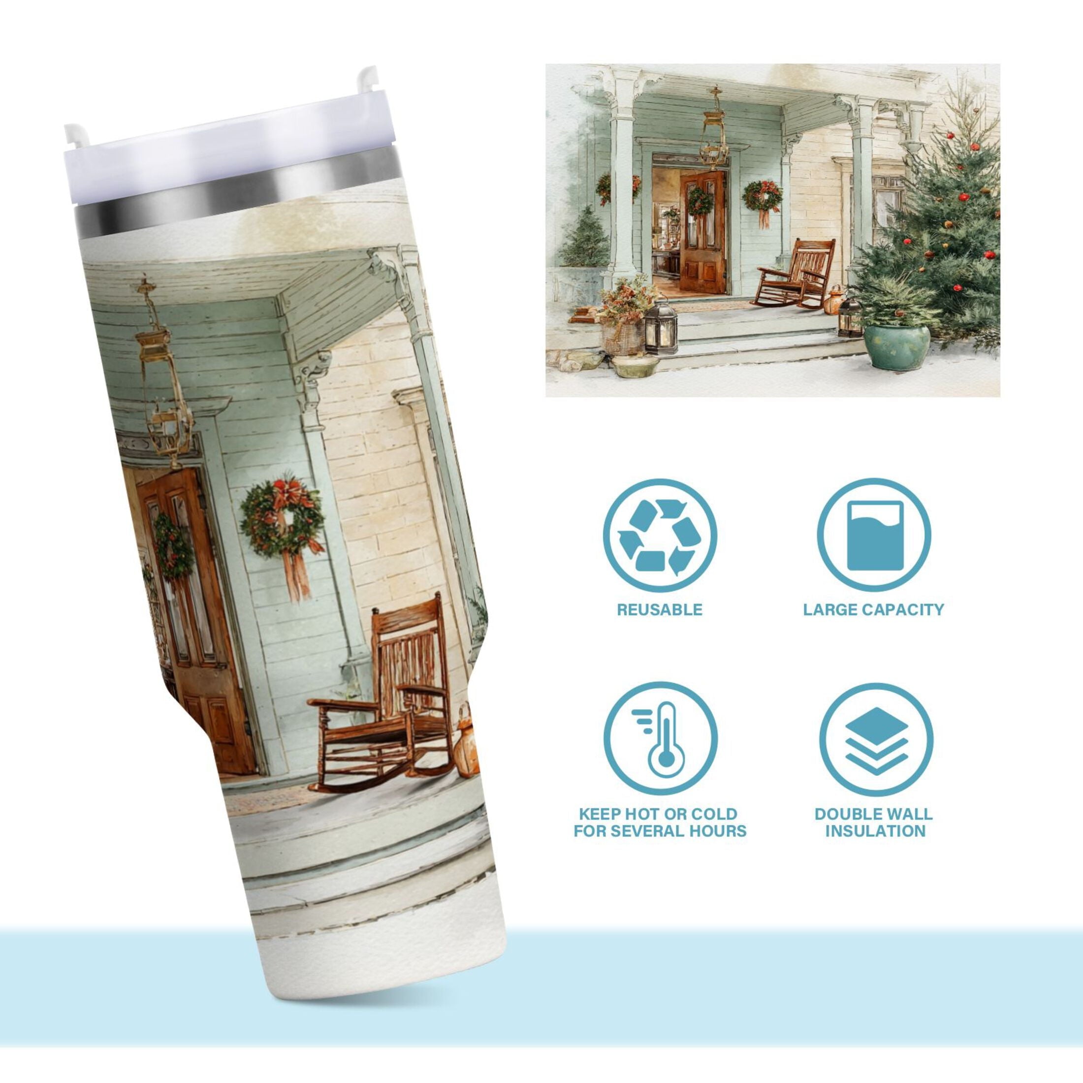 30 oz Insulated Stainless Steel Tumbler Double Wall Stainless Steel Tumbler with 2-Way Drinking Charming Christmas Doorway - 3D2B