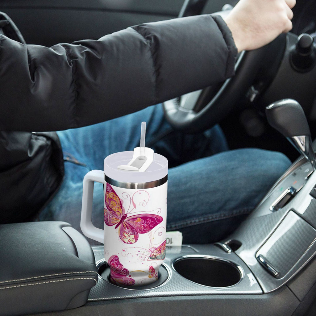 30 oz Insulated Stainless Steel Tumbler Double Wall Stainless Steel Tumbler with 2-Way Drinking Colorful Butterflies - E5BF