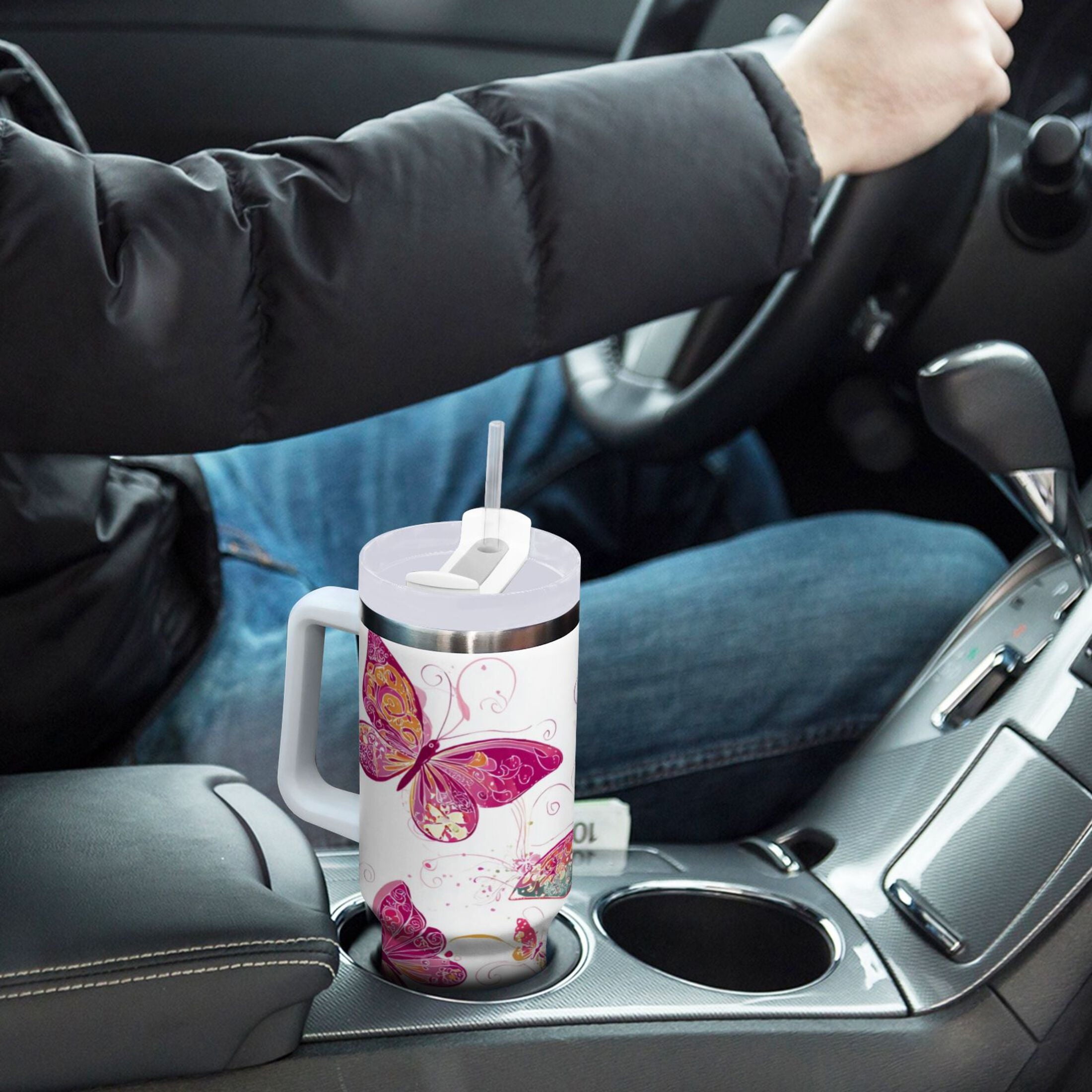 30 oz Insulated Stainless Steel Tumbler Double Wall Stainless Steel Tumbler with 2-Way Drinking Colorful Butterflies - E5BF