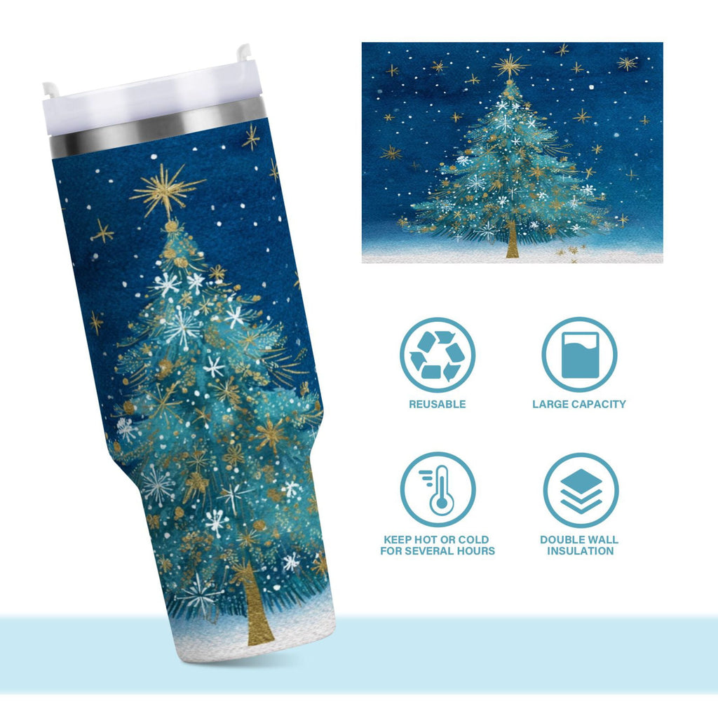 40 oz Insulated Stainless Steel Tumbler Double Wall Stainless Steel Tumbler with 2-Way Drinking Watercolor Christmas Tree - DCFT