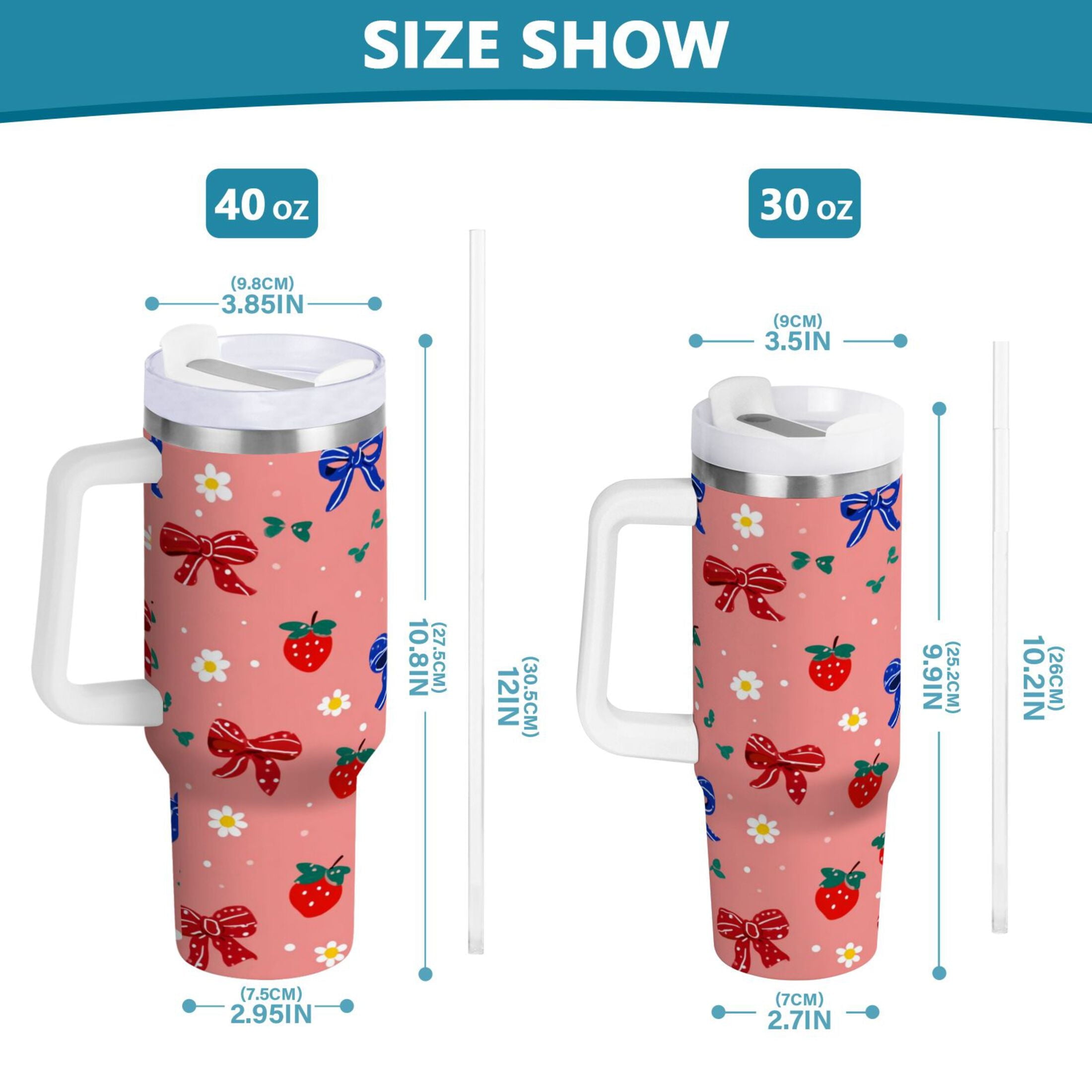 40 oz Insulated Stainless Steel Tumbler Double Wall Stainless Steel Tumbler with 2-Way Drinking Bows and Strawberries Pattern - TN3K