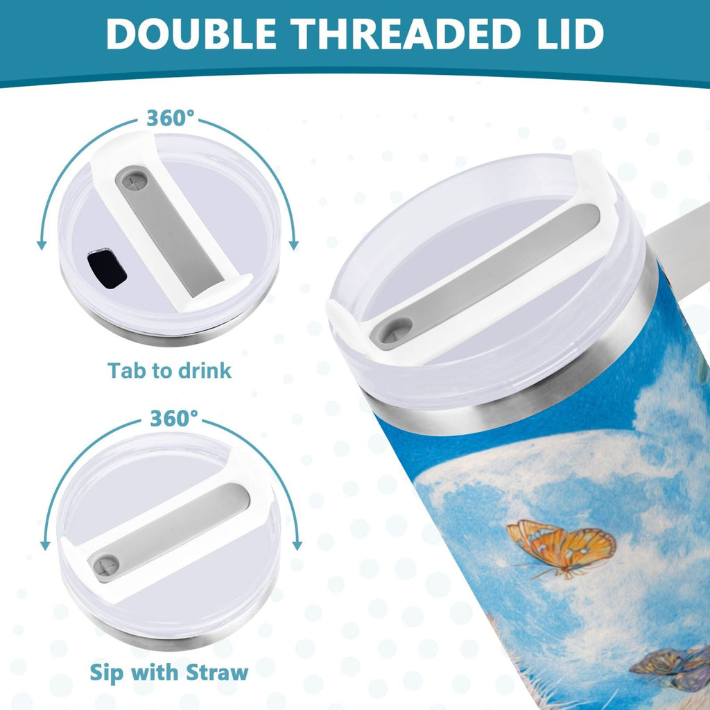 40 oz Insulated Stainless Steel Tumbler Double Wall Stainless Steel Tumbler with 2-Way Drinking Playful Cat Lying Sunflowers - F4JW