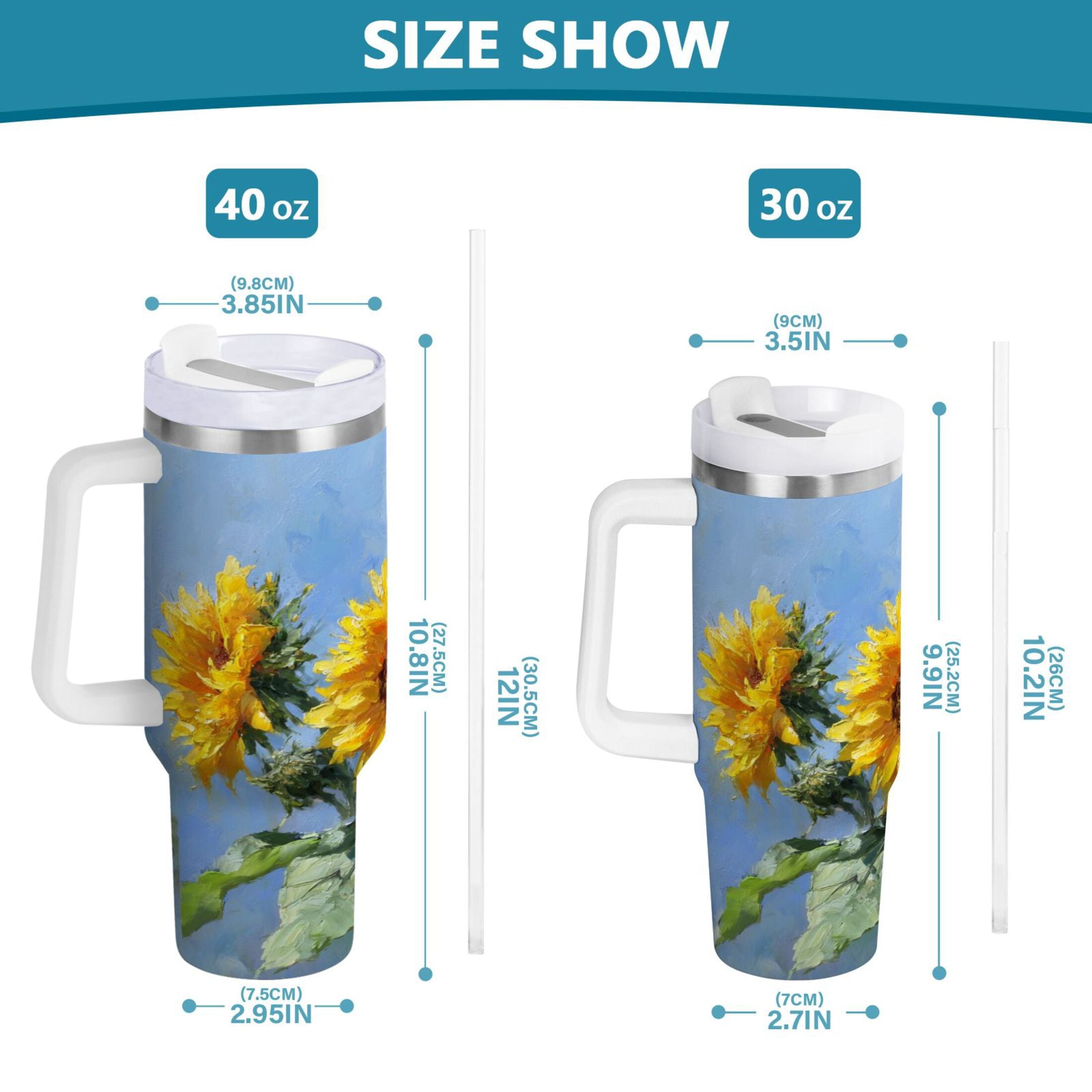 40 oz Insulated Stainless Steel Tumbler Double Wall Stainless Steel Tumbler with 2-Way Drinking Sunflowers Painting - WQK8